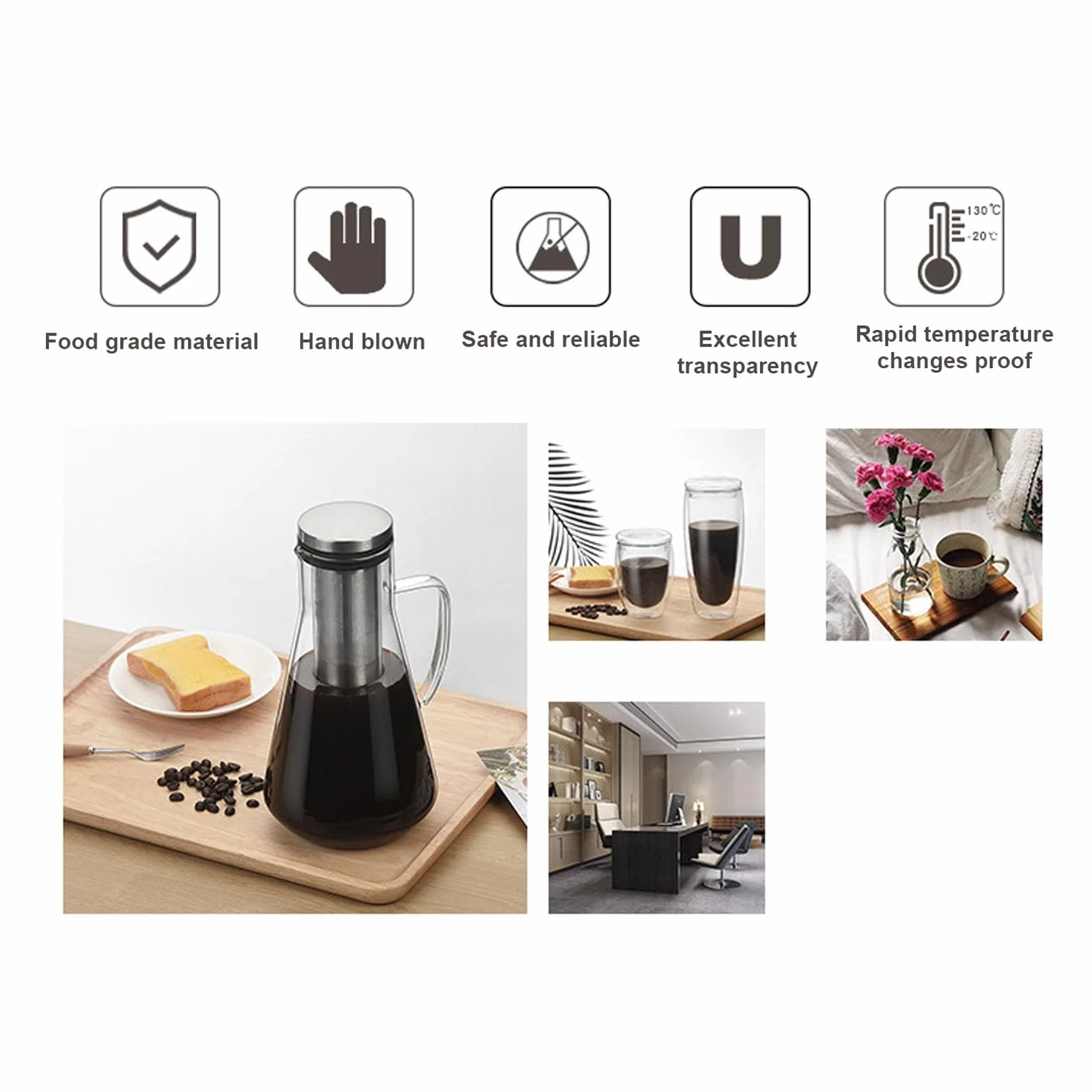 Cafetière à Infusion à Froid en Acier Inoxydable Pichet Verre Borosilicate 1600ML