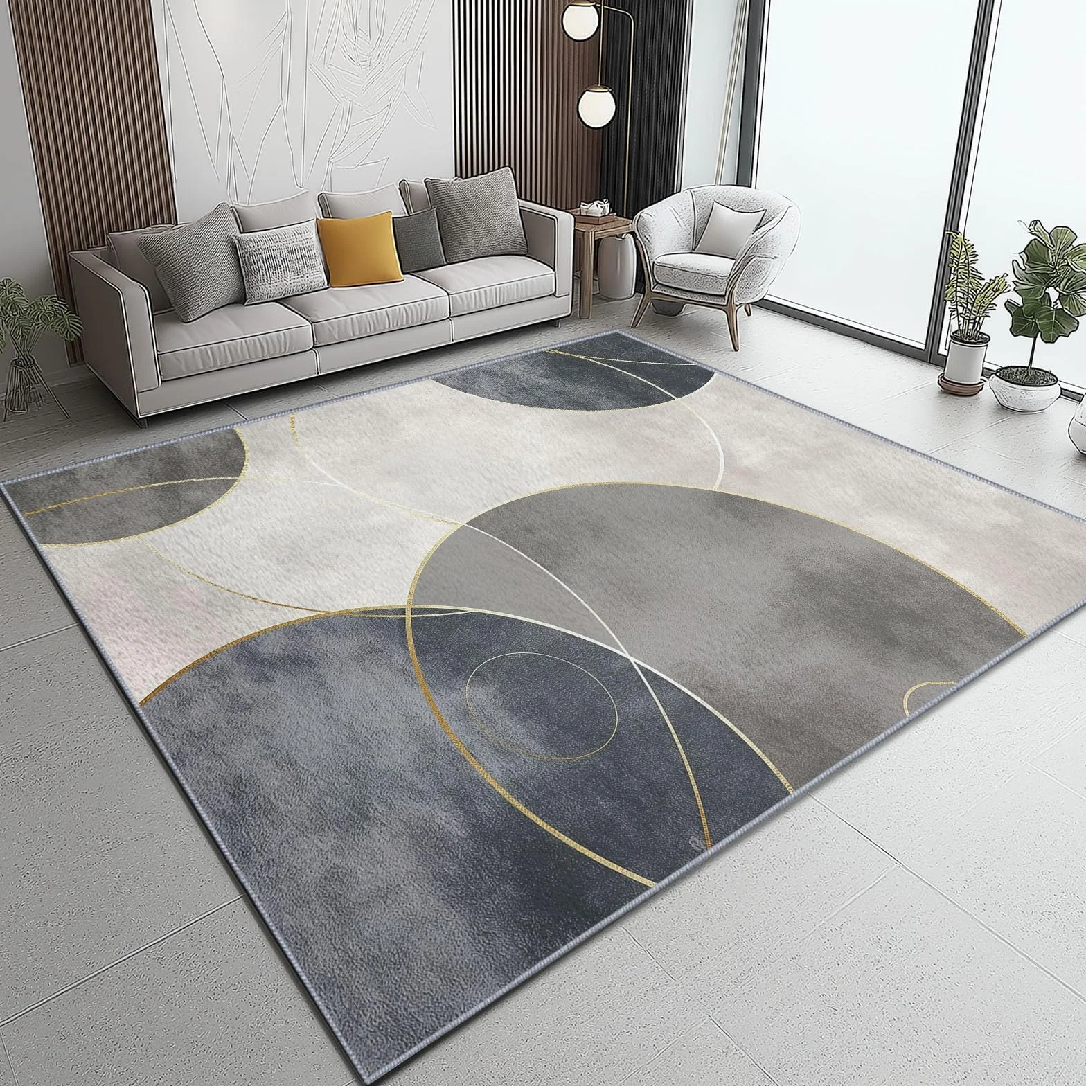 Tapis de Salon Gris Clair Motif Cercles 140 x 200 cm Poil Court