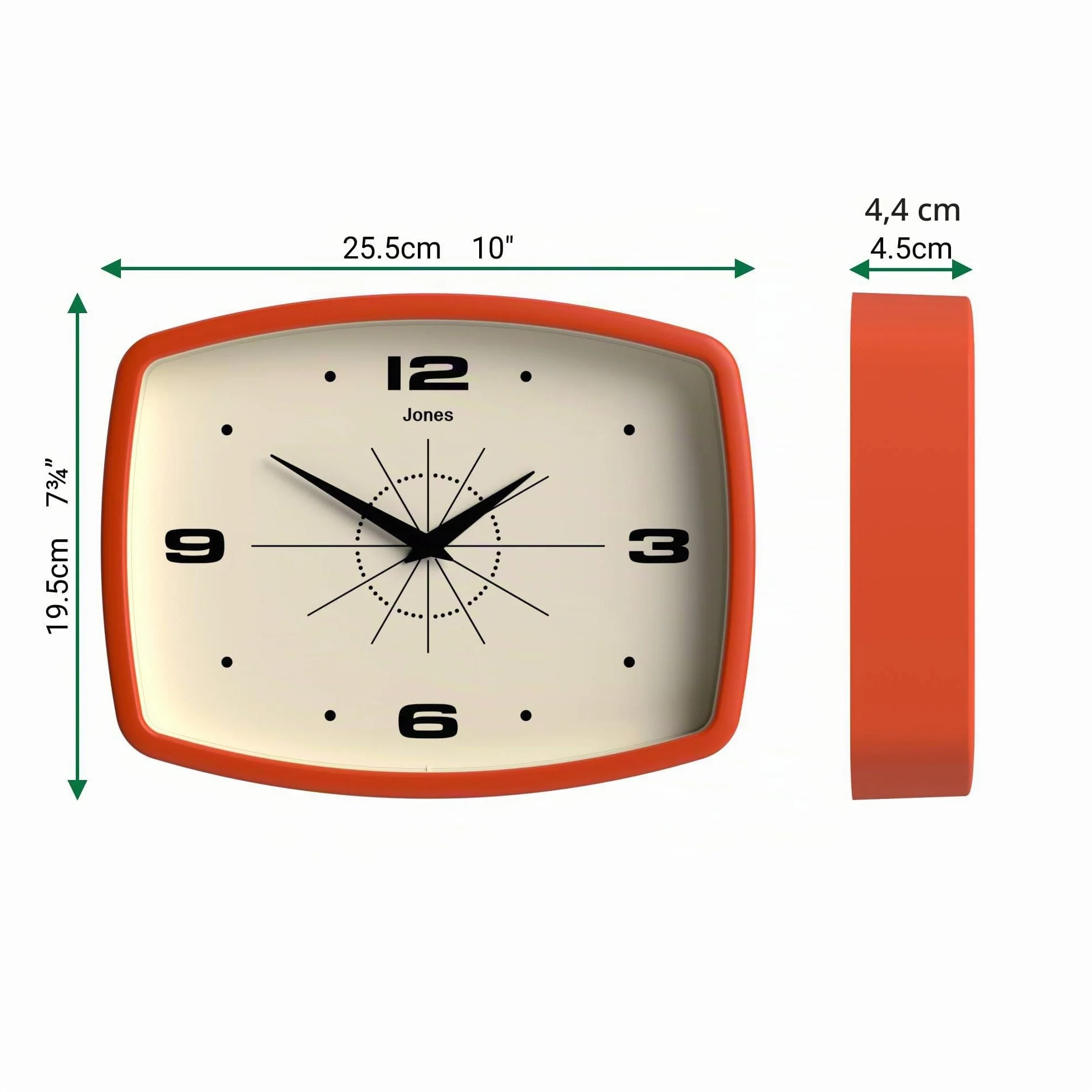 JONES CLOCKS Movie Horloge Murale Rétro Rectangulaire 25cm Orange Design Milieu du Siècle