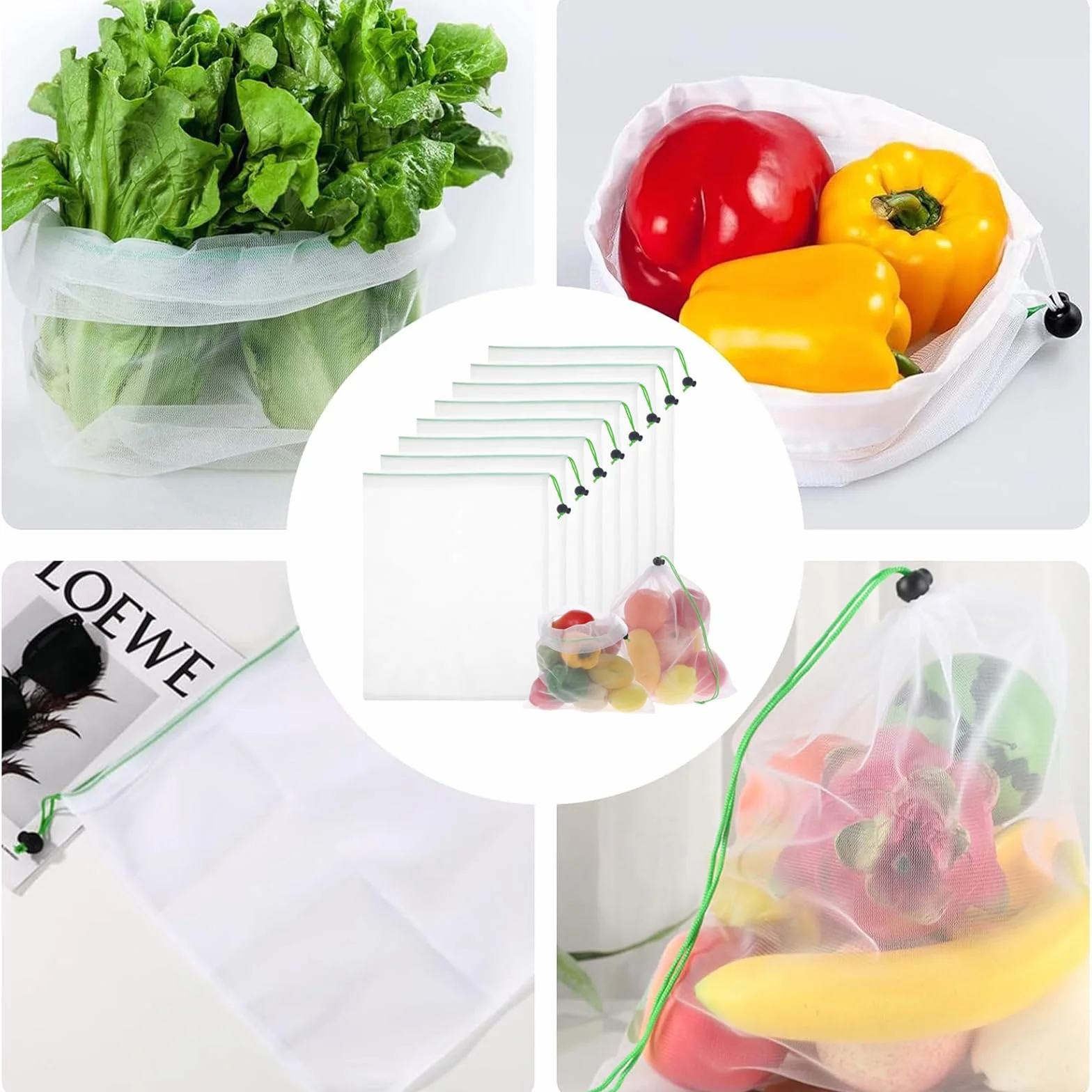 Sacs en Filet Réutilisables 8 PCS pour Fruits et Légumes avec Cordon de Serrage
