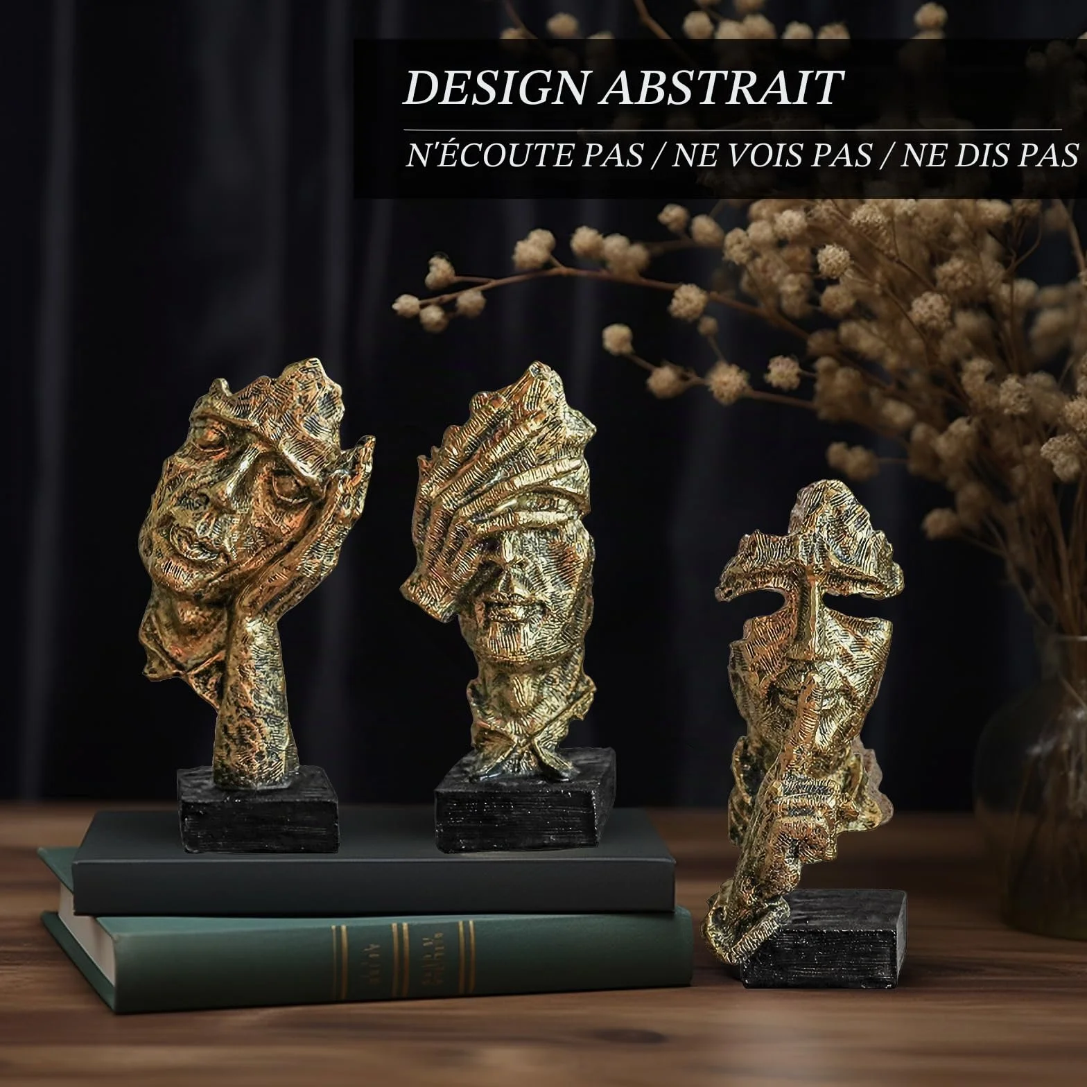 Figurine d'art abstrait moderne, statue de penseur, décoration en résine dorée pour maison et bureau
