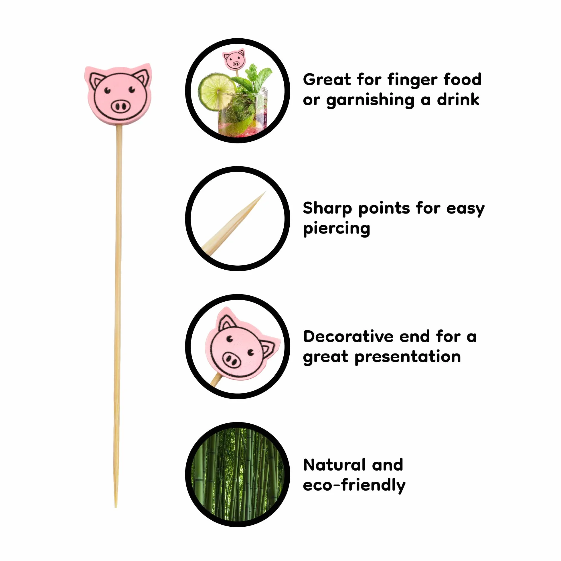 Lot de 100 cure-dents en bambou pour apéritifs 11,9 cm Motif cochon rose
