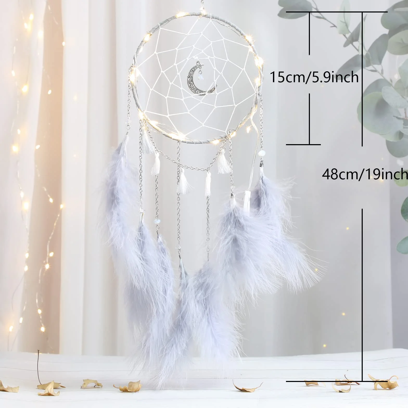 Attrapeur de Rêves LED Petit avec Lumière, Plumes Fait Main, Décoration Murale Maison (Gris)