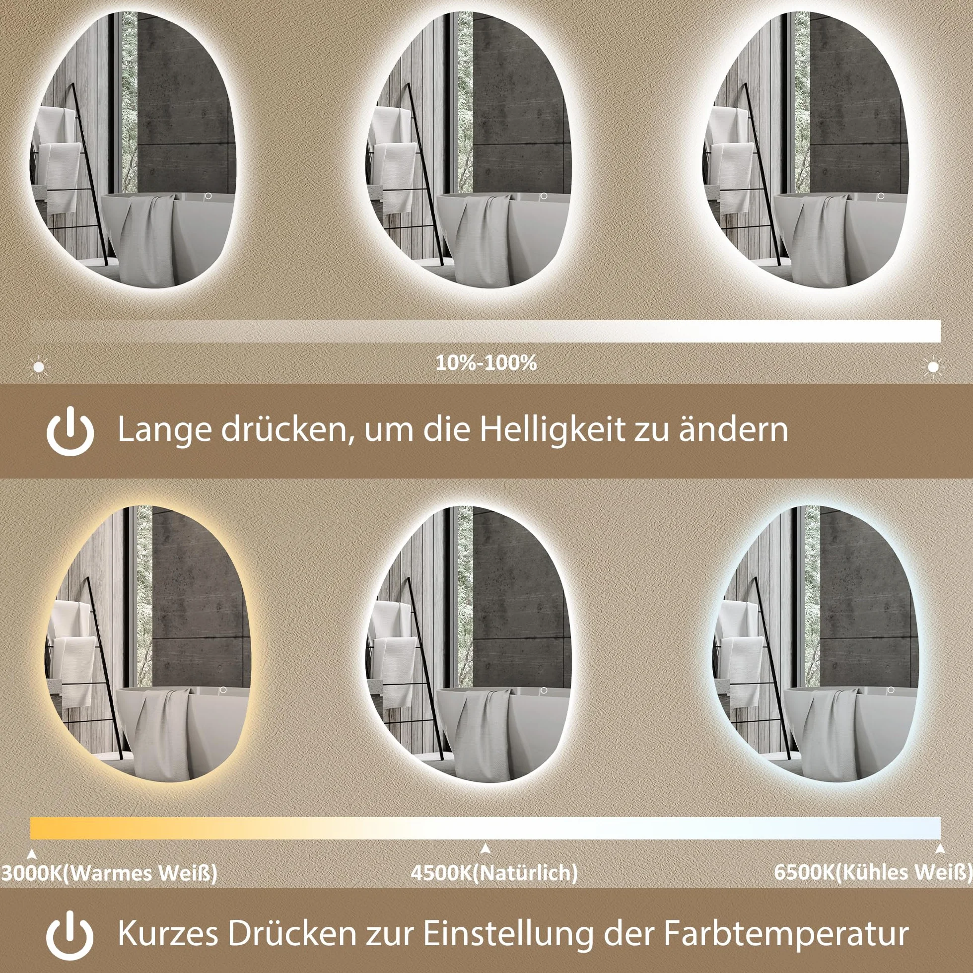 HOMCOM Miroir Salle de Bain LED 70 x 50 cm Mural Asymétrique Anti-buée 3 Couleurs Dimmable IP44 Argenté