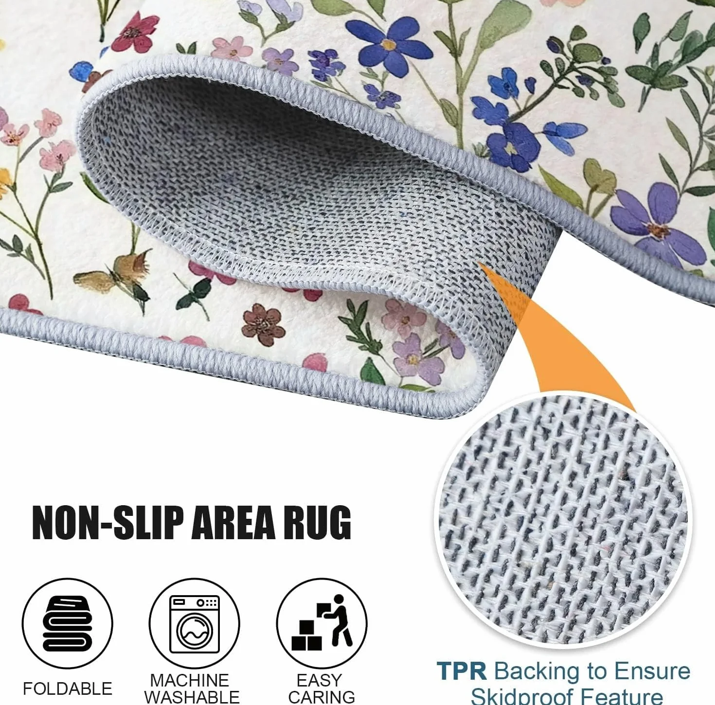 Tapis de Salon 80x150 cm Antidérapant Lavable en Machine Motif Aquarelle Fleurs Sauvages