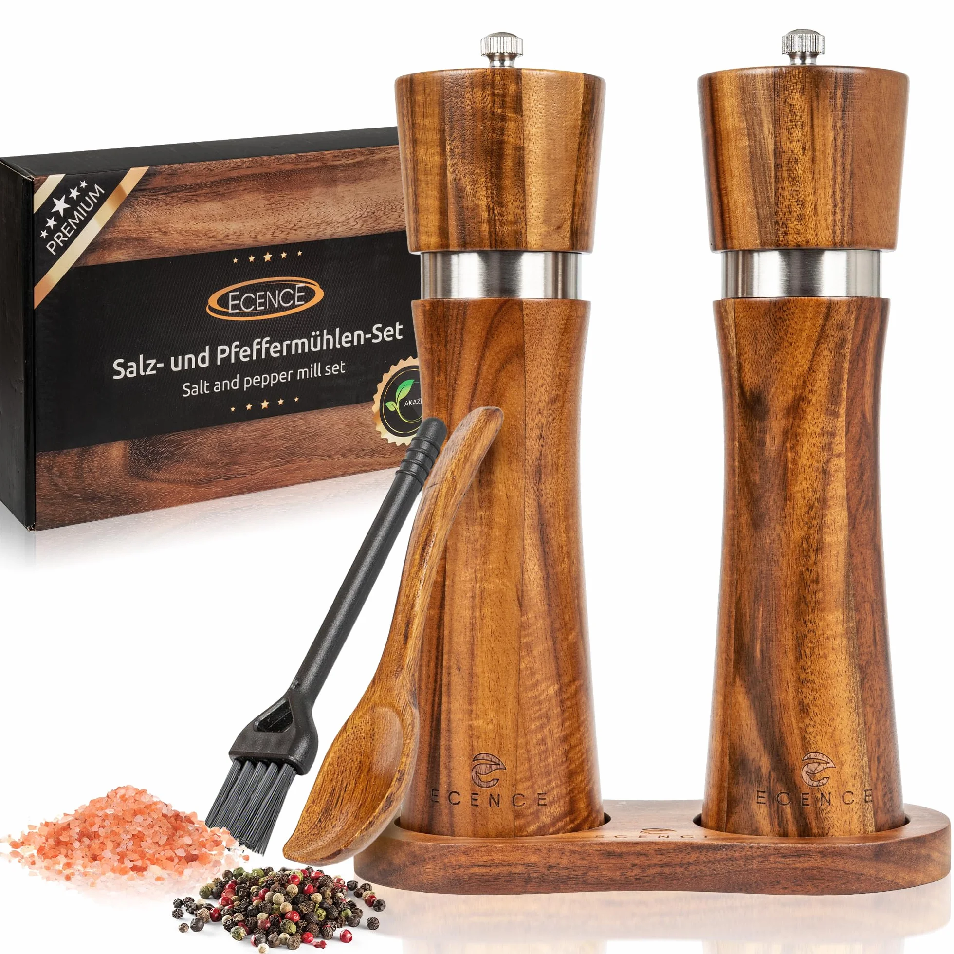 ECENCE Moulin à poivre et sel bois d'acacia - Lot 2 moulins à épices céramique avec pinceau et dessous-de-plat