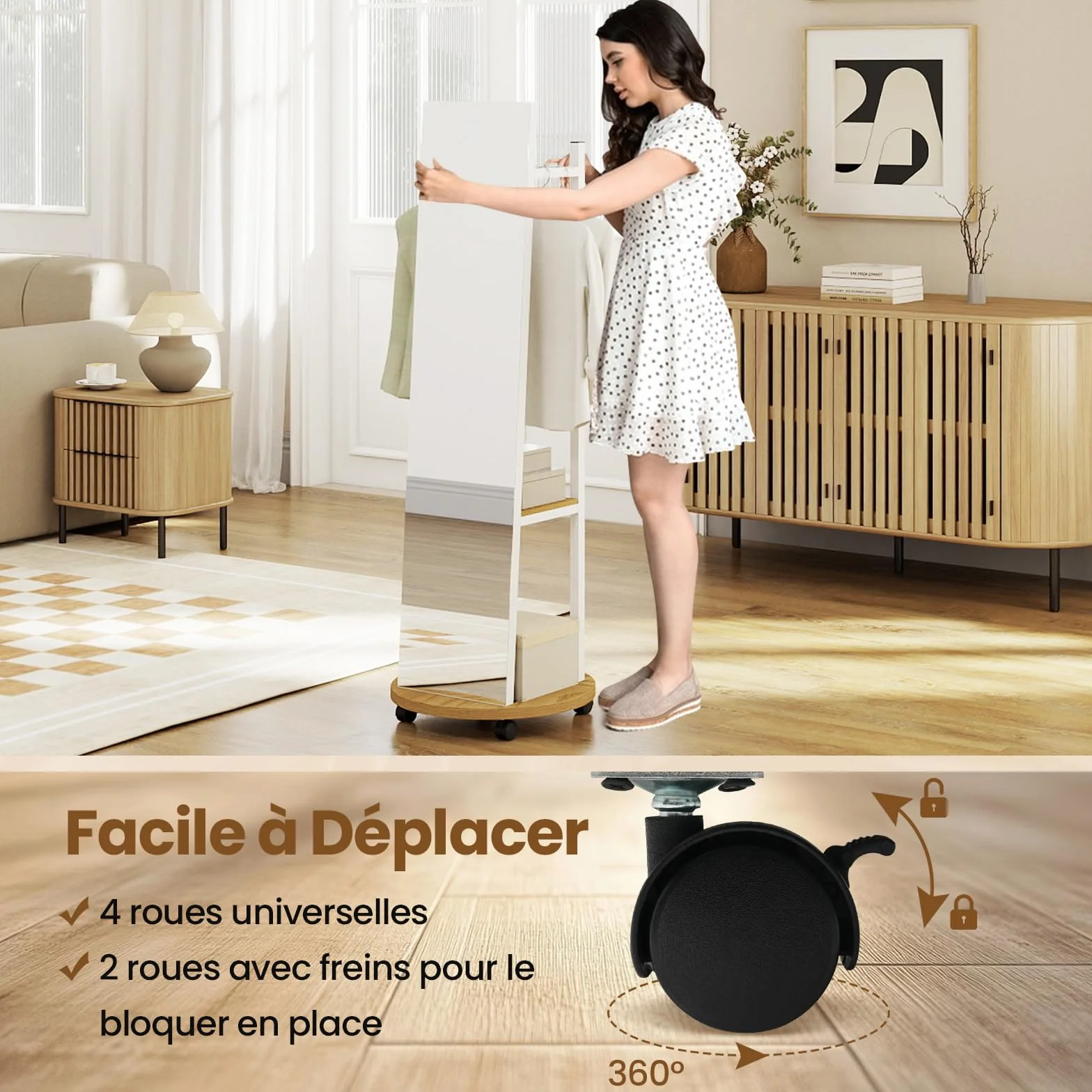 COSTWAY Miroir sur Pied Grand avec Porte-Manteau 4 Roues Pivotantes 360° 3 Crochets Cadre Métal 45 x 135 cm Blanc Naturel