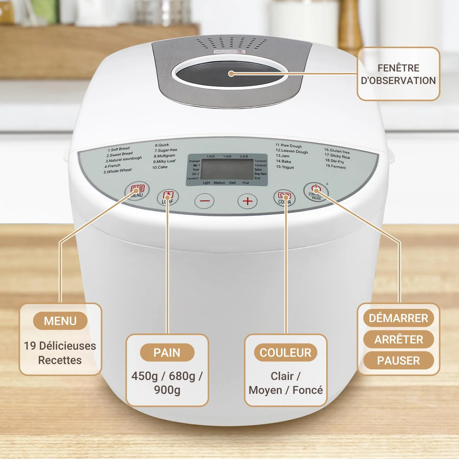 Todeco Machine à Pain 19 Programmes 3 Tailles 1.0/1.5/2.0LB