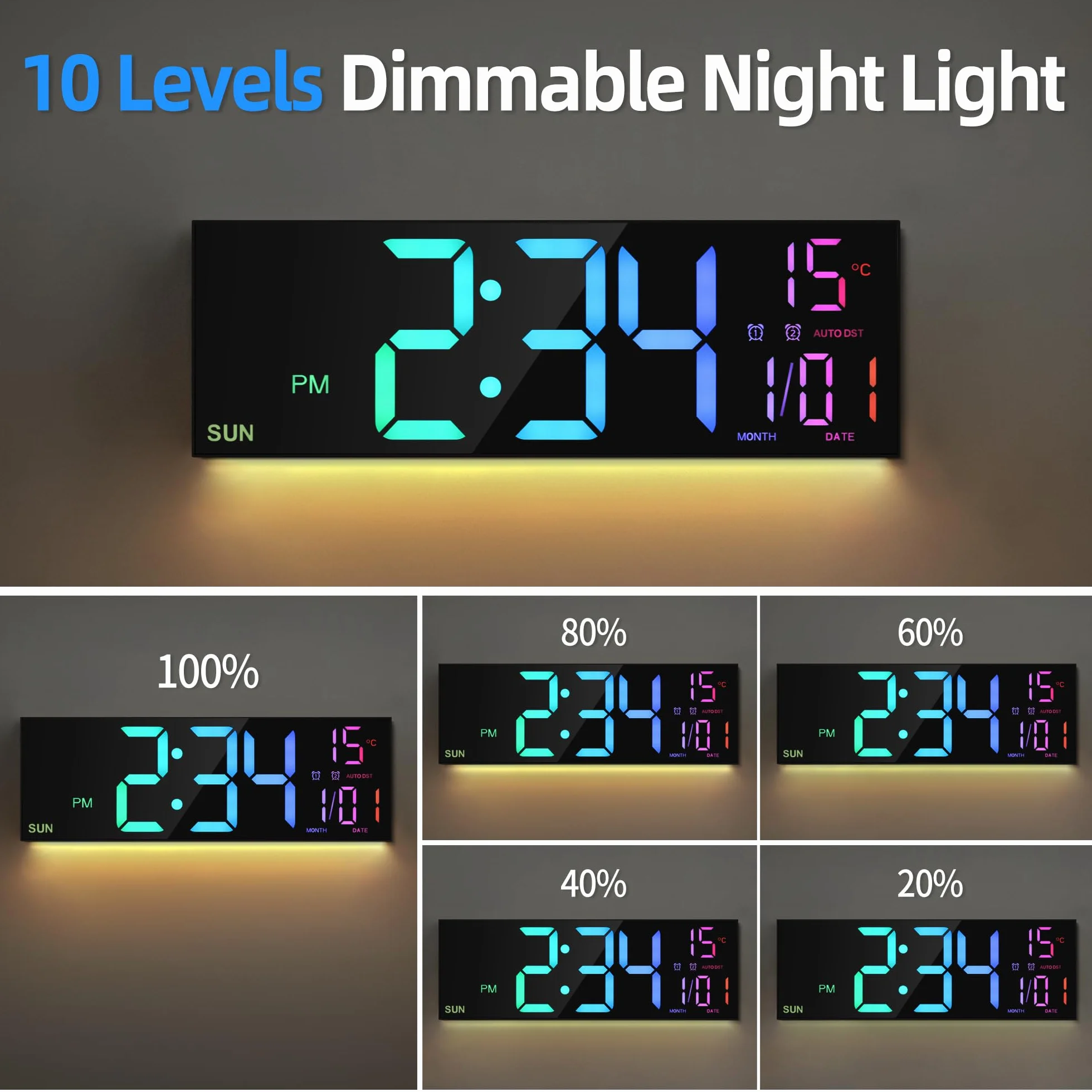 HAITANG Grande Horloge Murale Numérique 16" RVB LED Double Alarme Télécommande Température