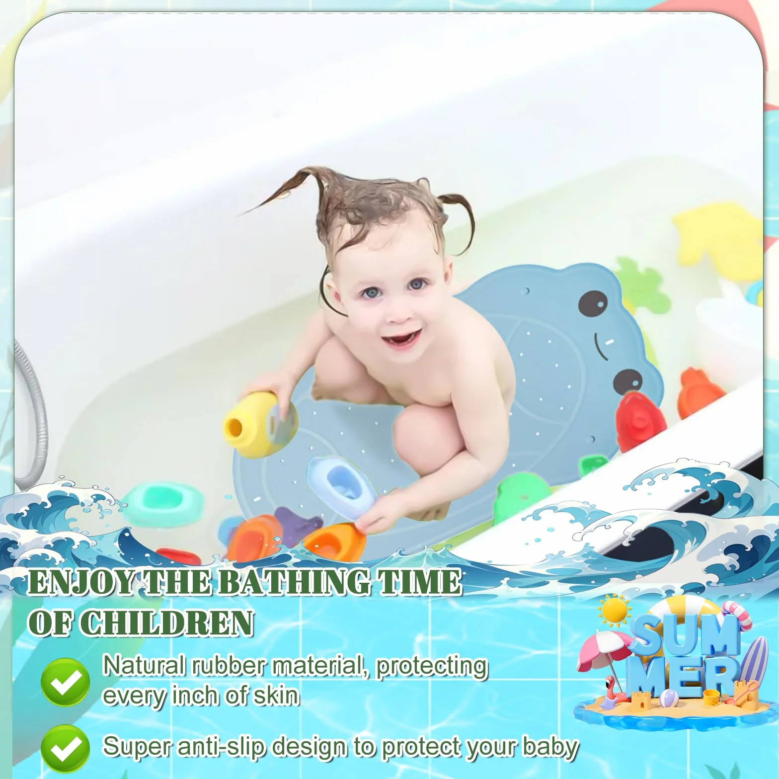 Tapis de Bain antidérapant pour Bébé en Forme de Grenouille 76 x 45 cm sans BPA Bleu