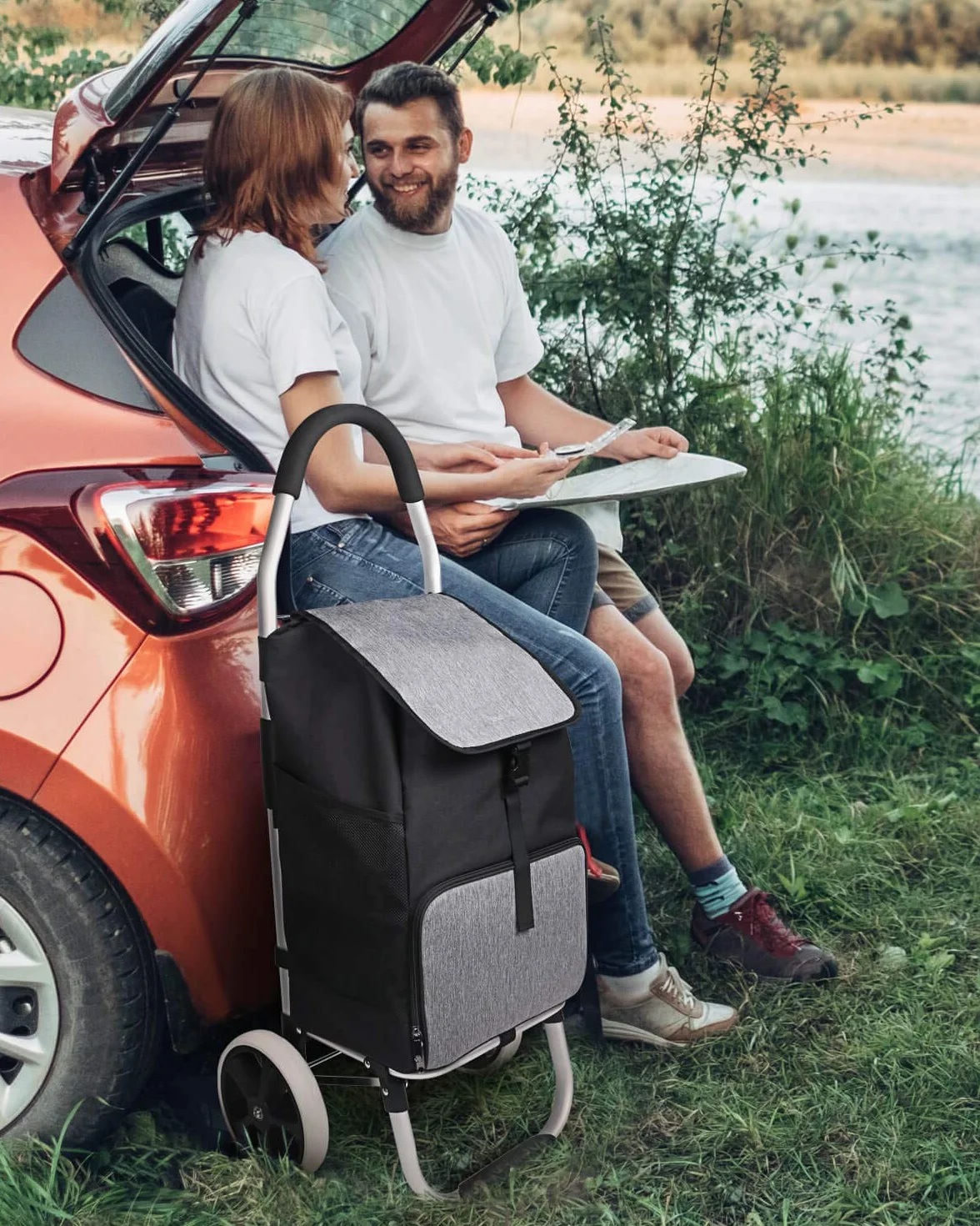 Inateck Chariot de Courses Pliable 41L Grandes Roues Silencieuses Cadre Aluminium Sac Imperméable Isotherme Noir Gris