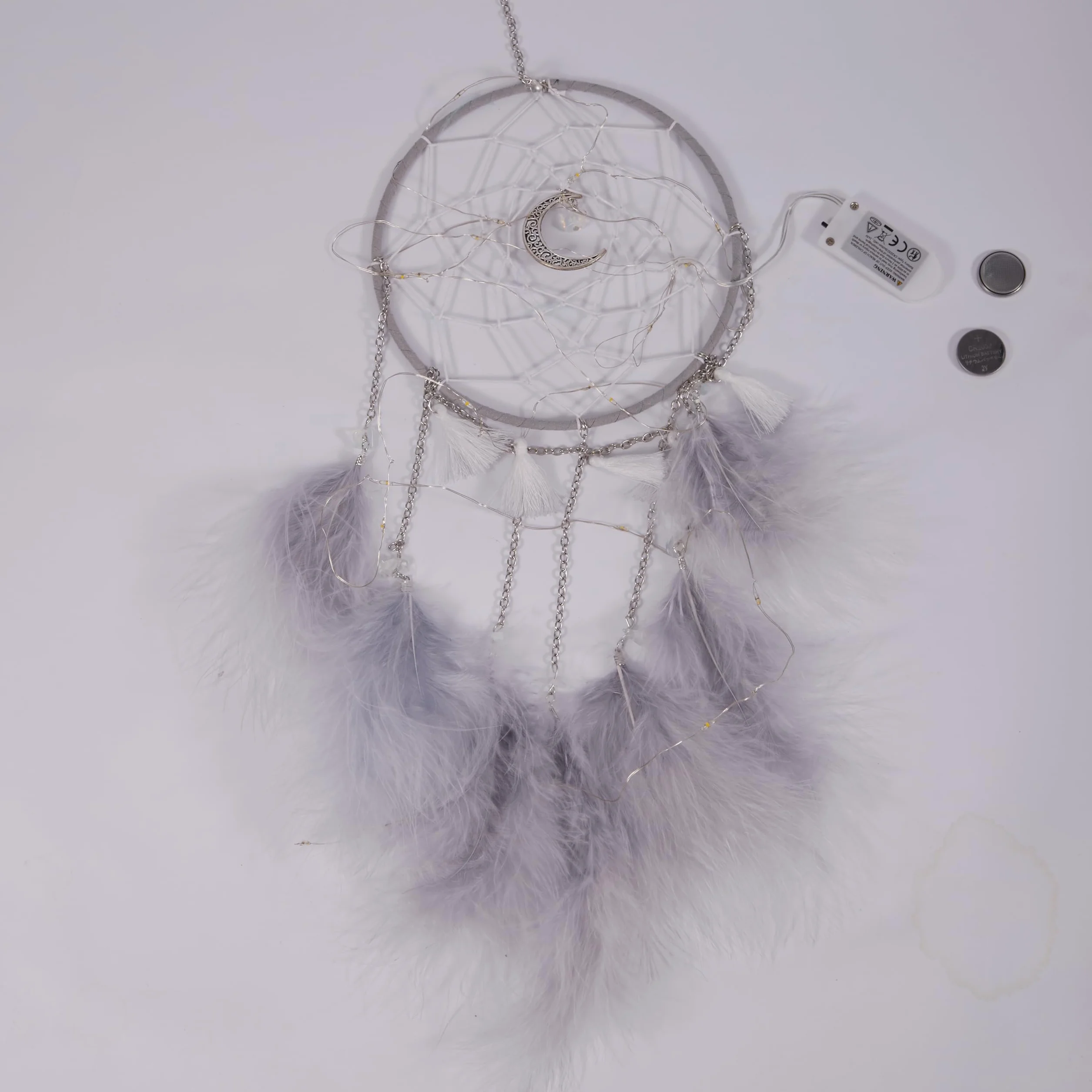 Attrapeur de Rêves LED Petit avec Lumière, Plumes Fait Main, Décoration Murale Maison (Gris)