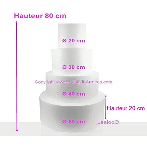 Lealoo Pièce montée Wedding Cake, Haut. 80 cm, Base Ø 50cm à 20cm, 4 disques de 20cm de Haut, Polystyrène Haute densité