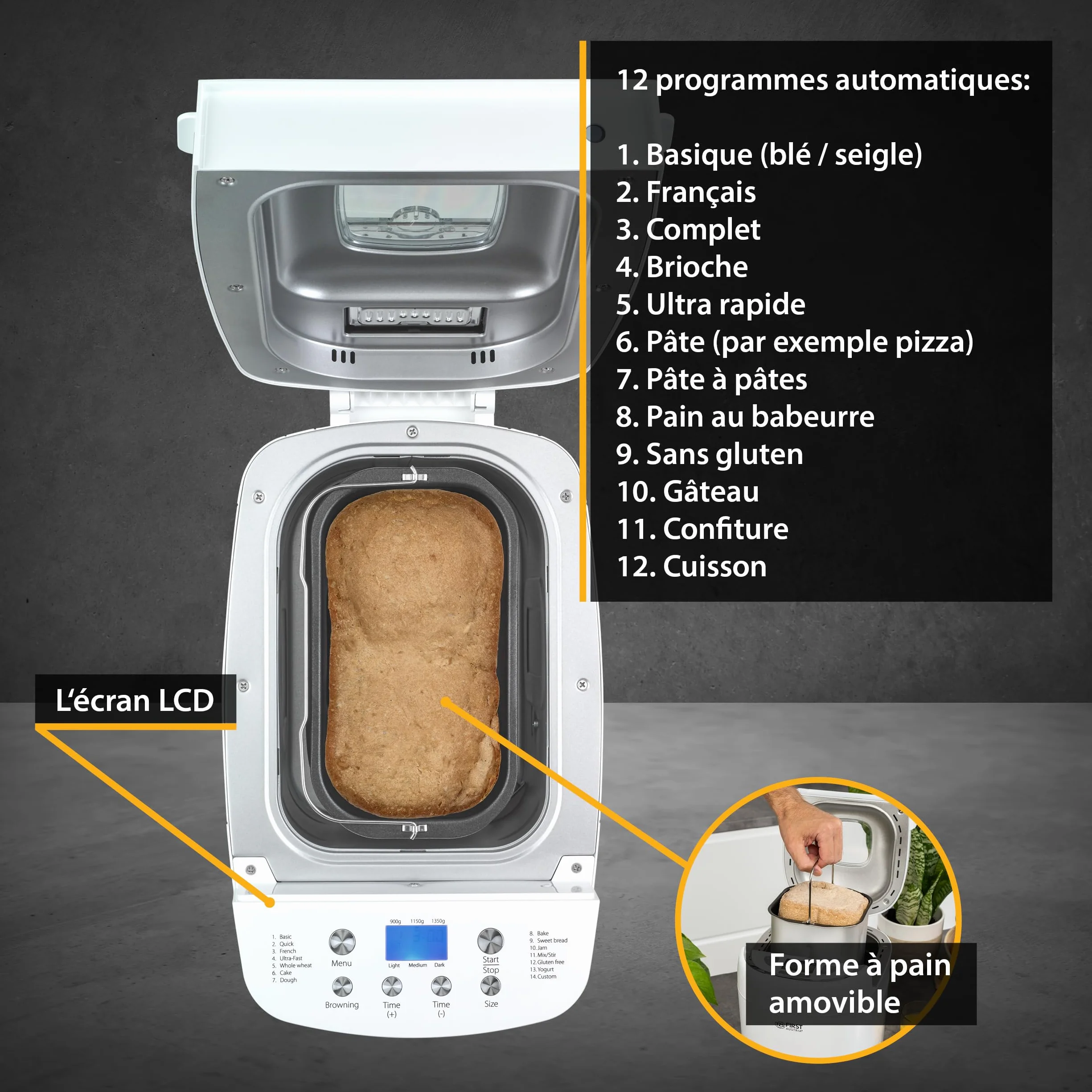 Machine à Pain 850W First Austria 14 Programmes Automatiques 900g 1350g Dorement Réglable Minuterie Maintien au Chaud