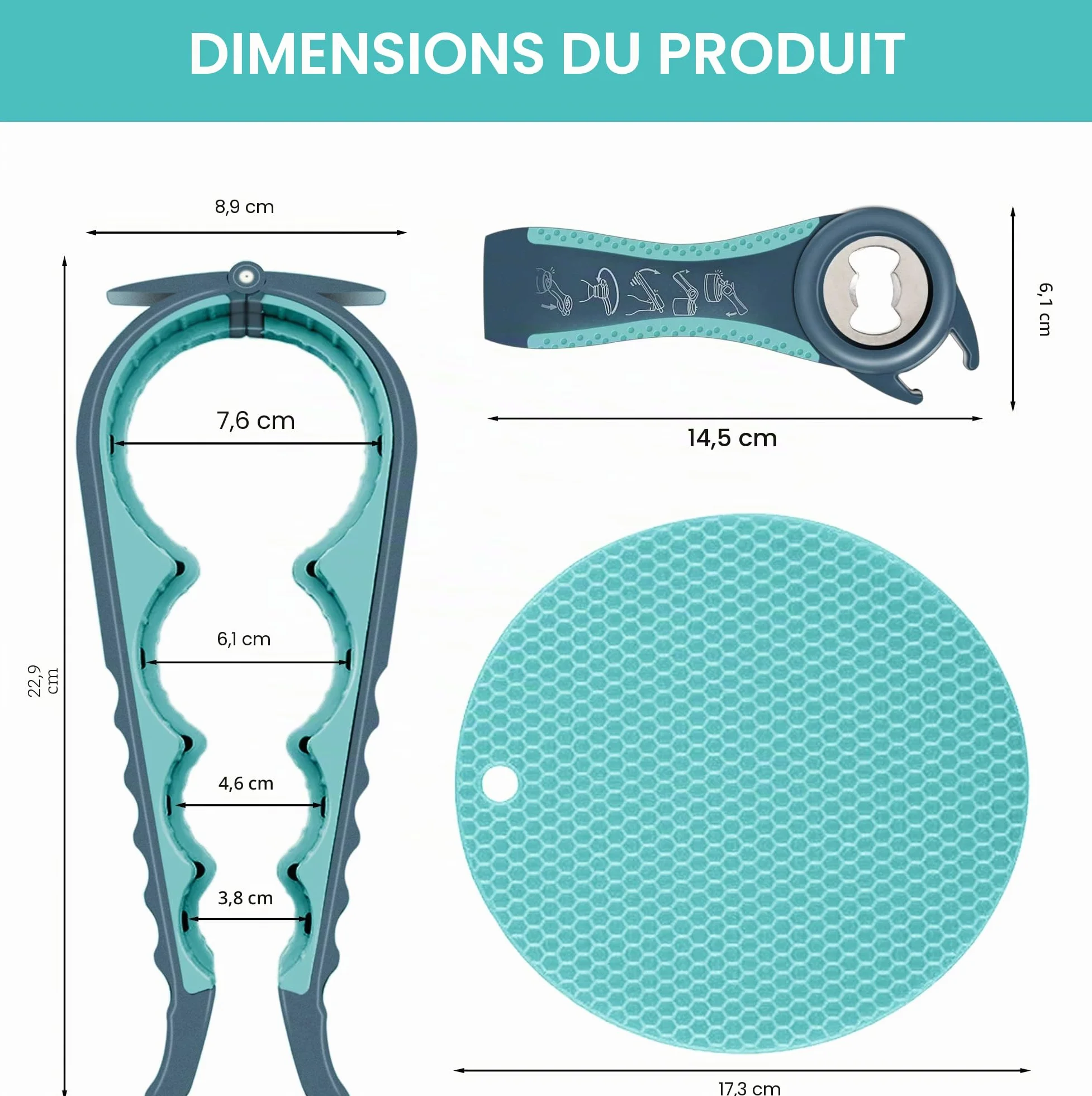 Ouvre-bocal multifonction 5 en 1 pour mains arthritiques avec tampon antidérapant