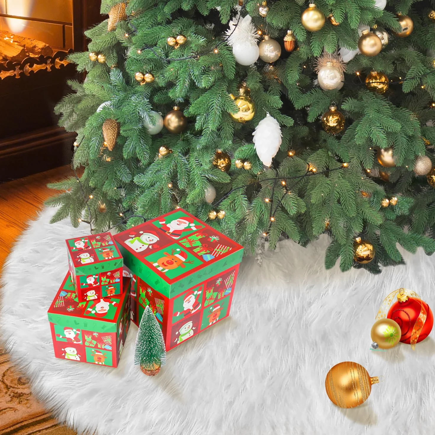 Tapis Sapin Noël 120 cm Blanc Fausse Fourrure Peluche Décorations Arbre