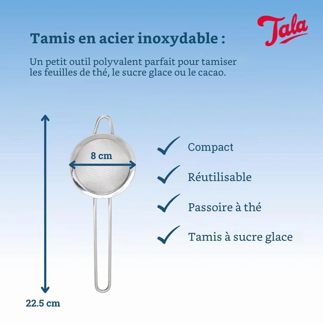 Tala Petite Passoire 8 cm Acier Inoxydable Tamis Fin Double Support Thé Vrac