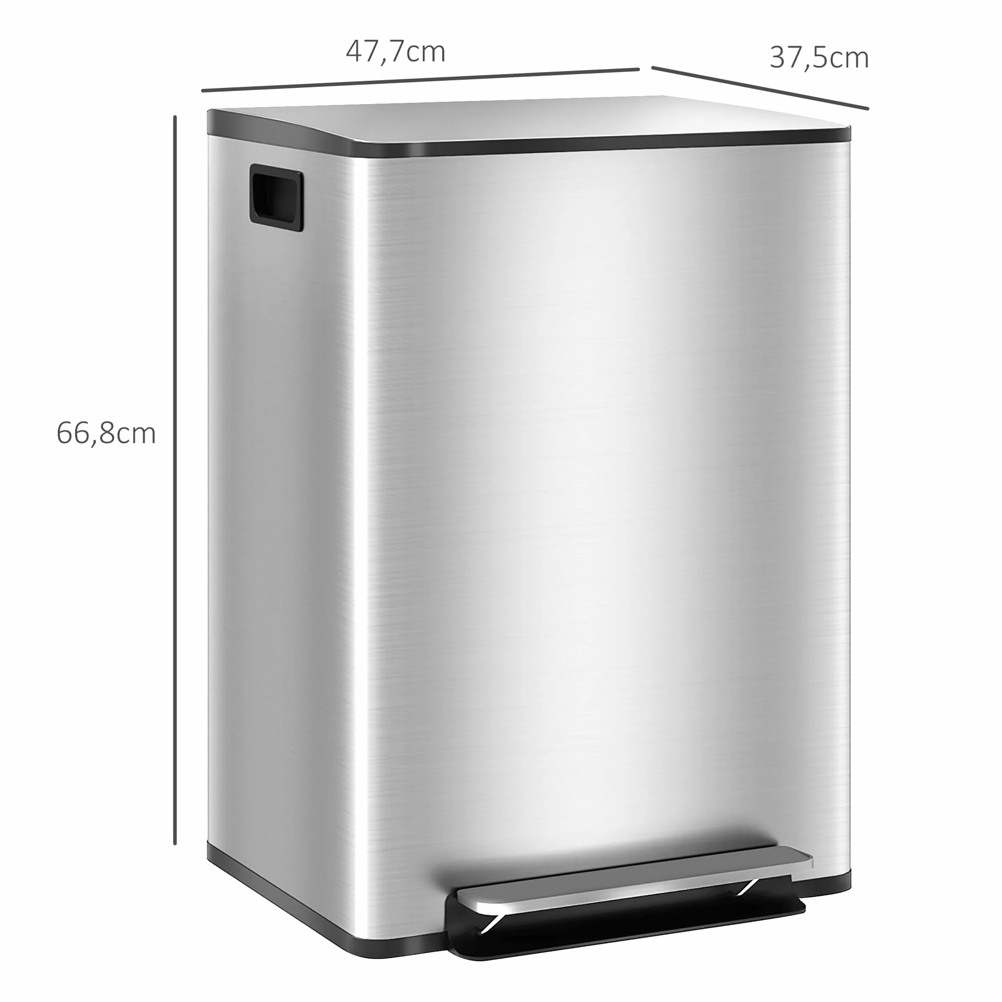 HOMCOM Poubelle de cuisine 2 x 30L à pédale acier inoxydable couvercle fermeture douce seaux amovibles 47,7x37,5x66,8 cm argenté