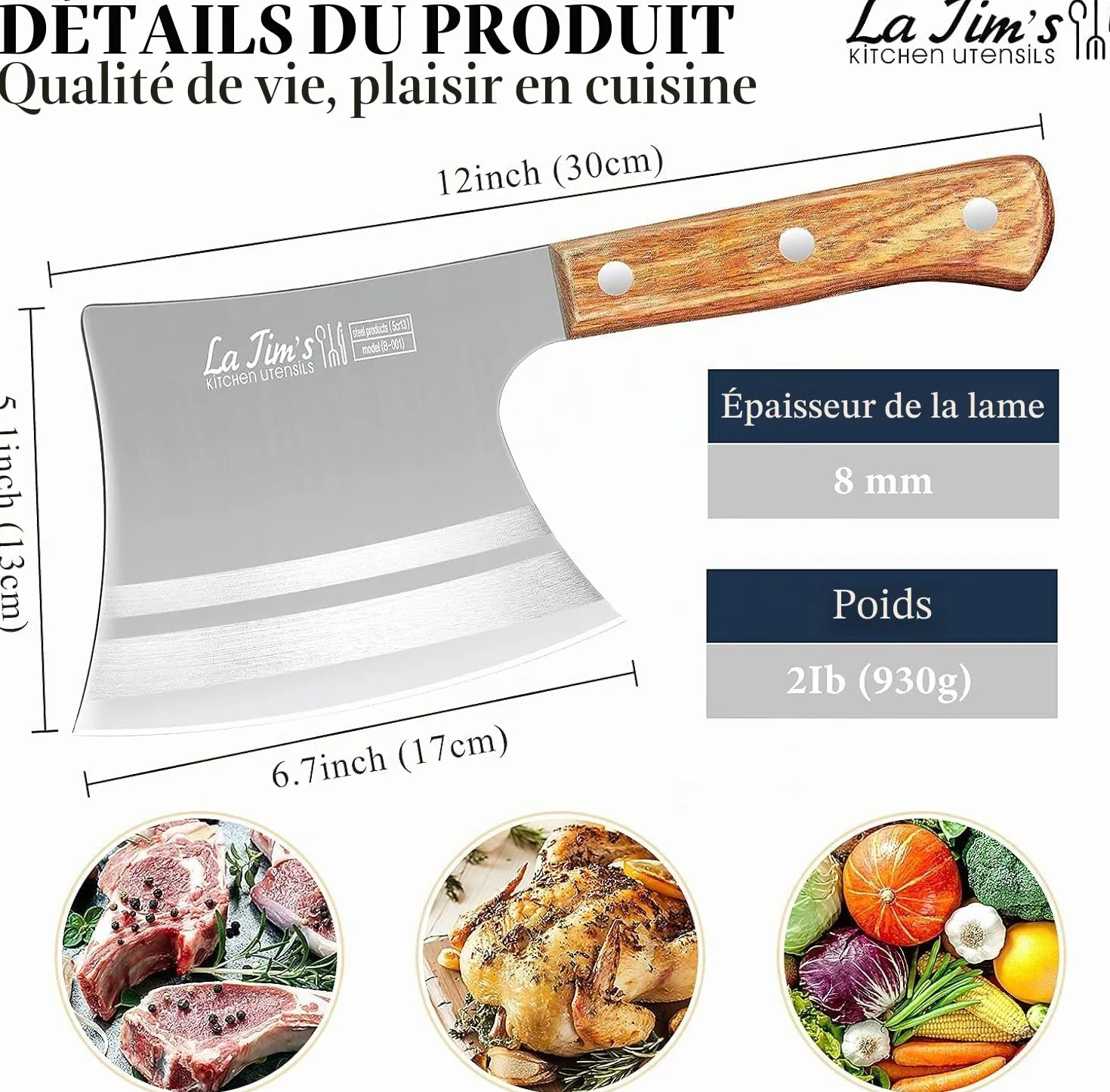 Couperet 0,9 KG Couteau de Boucher Inoxydable Manche Bois Massif