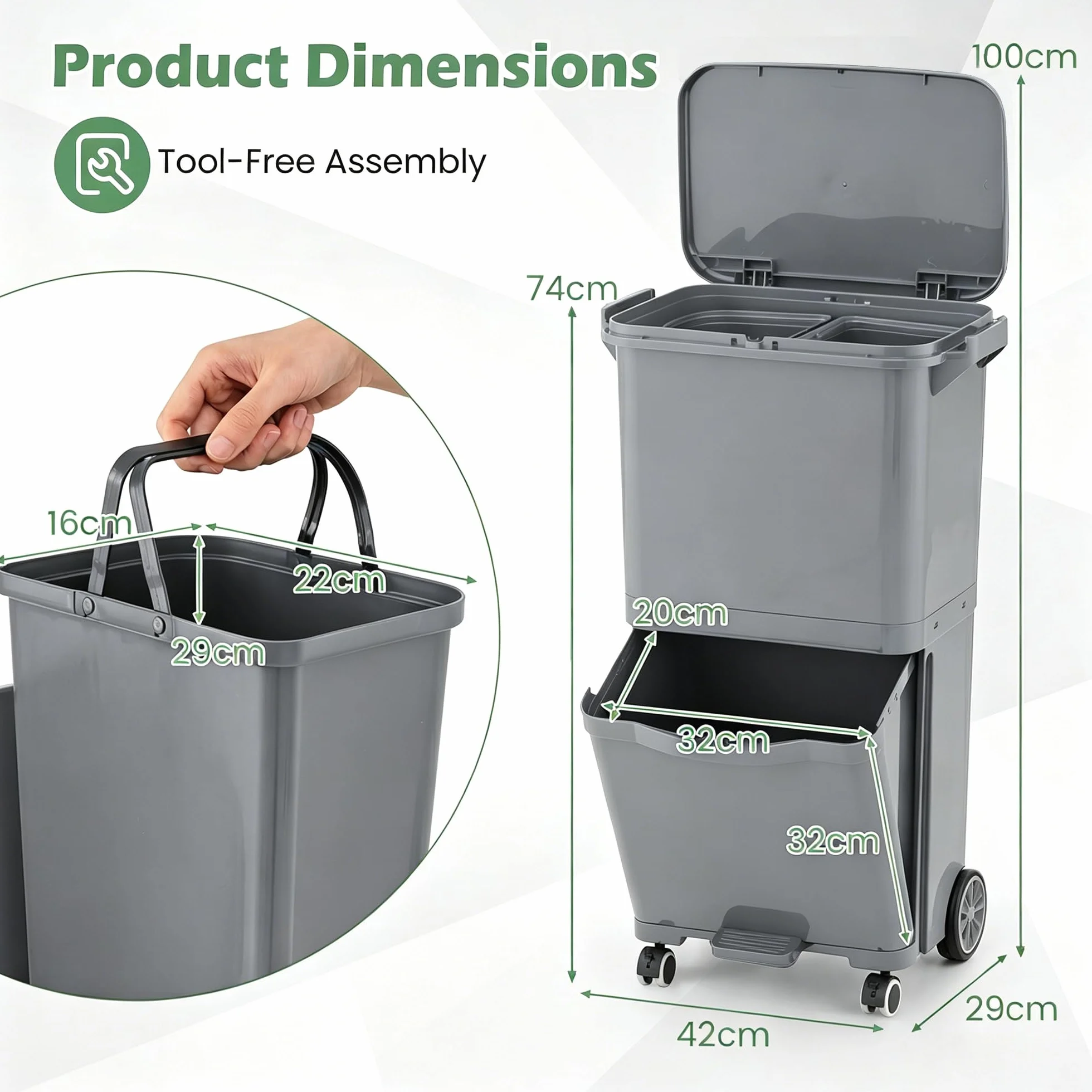 LIFEZEAL Poubelle de Cuisine 36L, Poubelle de Tri Sélectif 2 Niveaux, Pédale, Bac Inclinable, Plastique, Gris