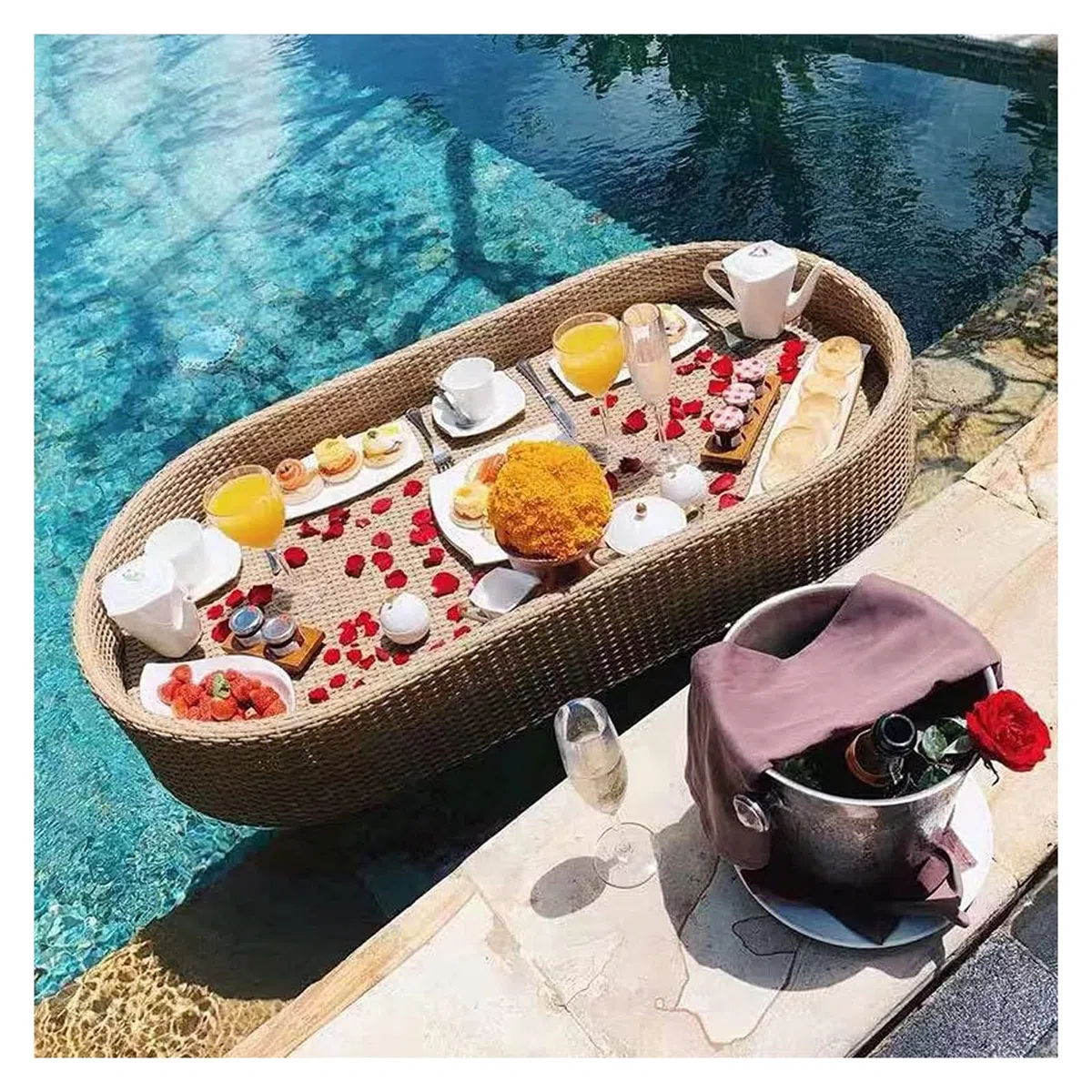 Plateau de Service Flottant de Luxe, Plateau de Piscine, Plateau de Petit-déjeuner Flottant en rotin Jaune, Plateaux de Service flottants ovales, Bar de Table, Plateaux de Service de Piscine
