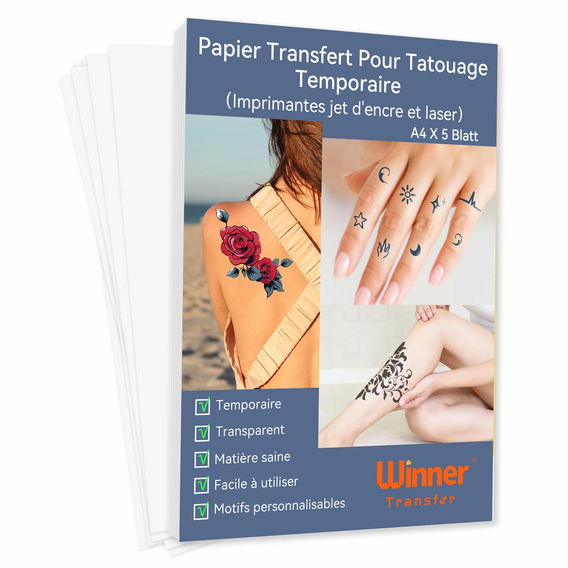 Papier Transfert Tatouage Temporaire Transparent A4, Impression Jet d'Encre & Laser, Lavable, Décalcomanie DIY, 5 Feuilles