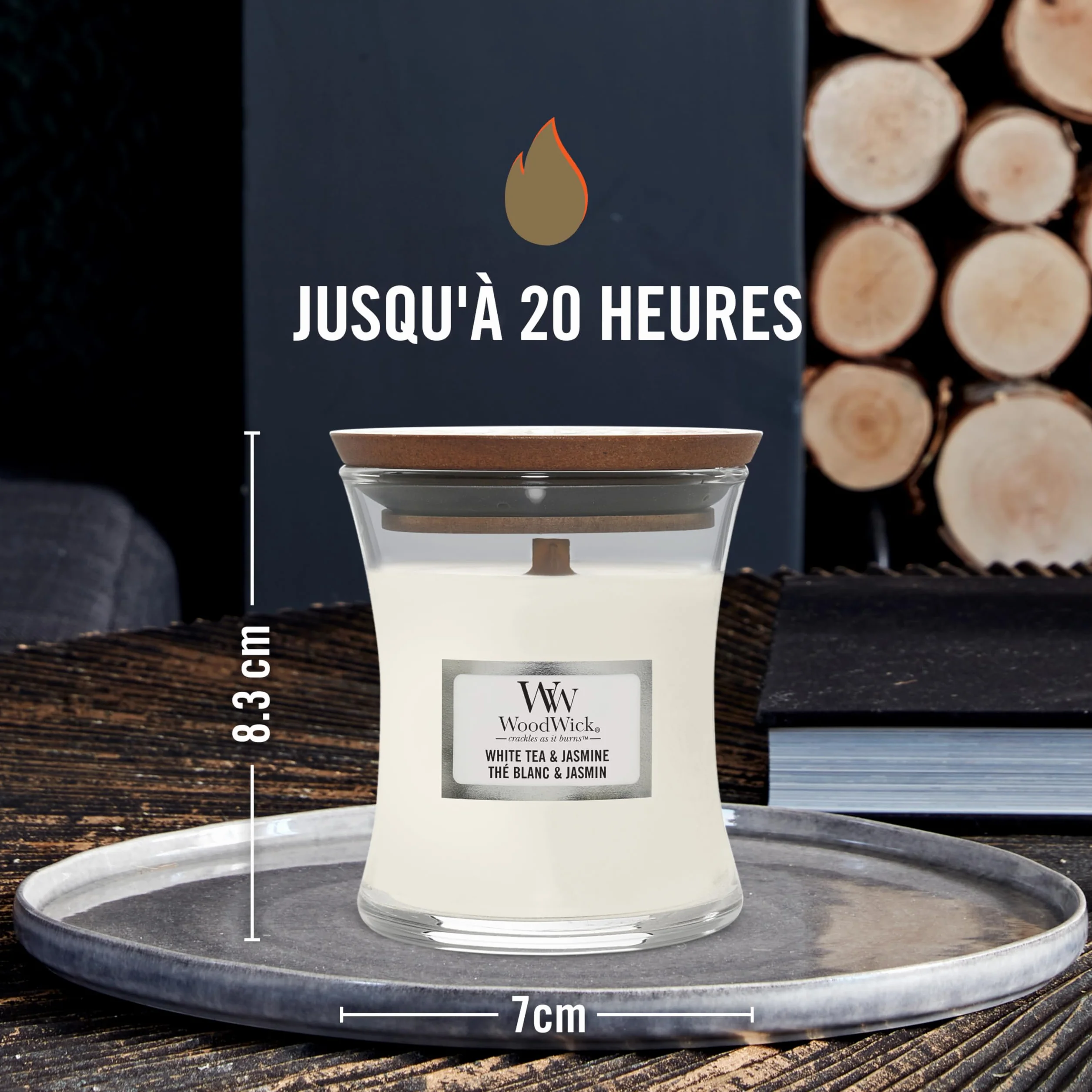 WoodWick bougie parfumée moyenne mèche bois crépitante Thé blanc jasmin 20h combustion