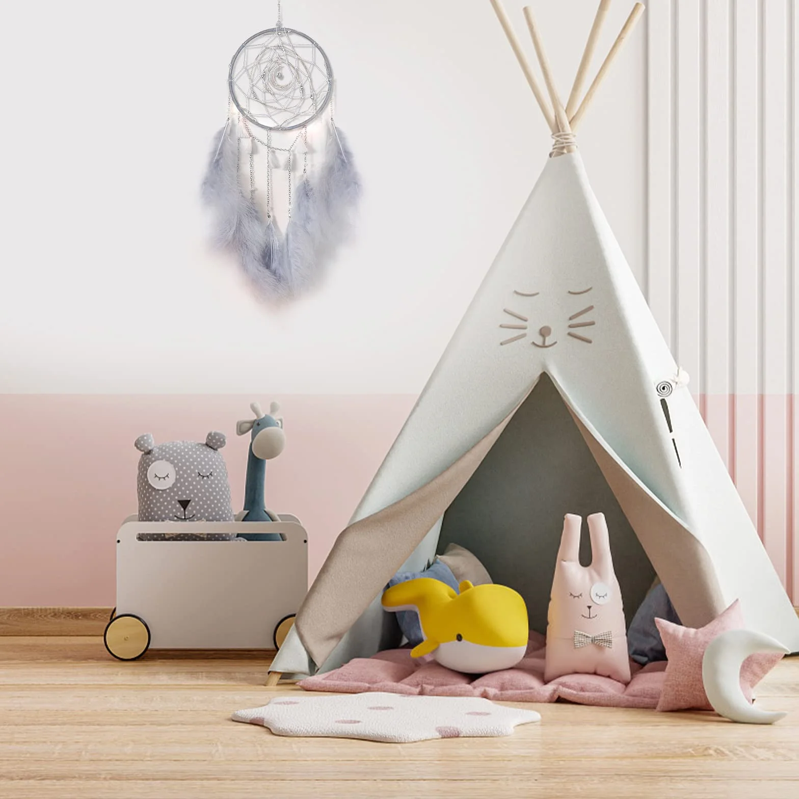 Attrapeur de Rêves LED Petit avec Lumière, Plumes Fait Main, Décoration Murale Maison (Gris)