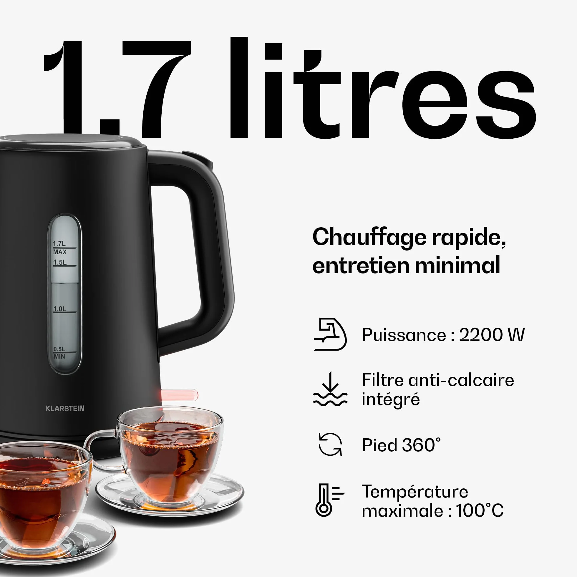 Klarstein Velaire Essential Set Petit-Déjeuner Grille-Pain 2 Fentes 7 Niveaux Bouilloire Électrique 1,7L