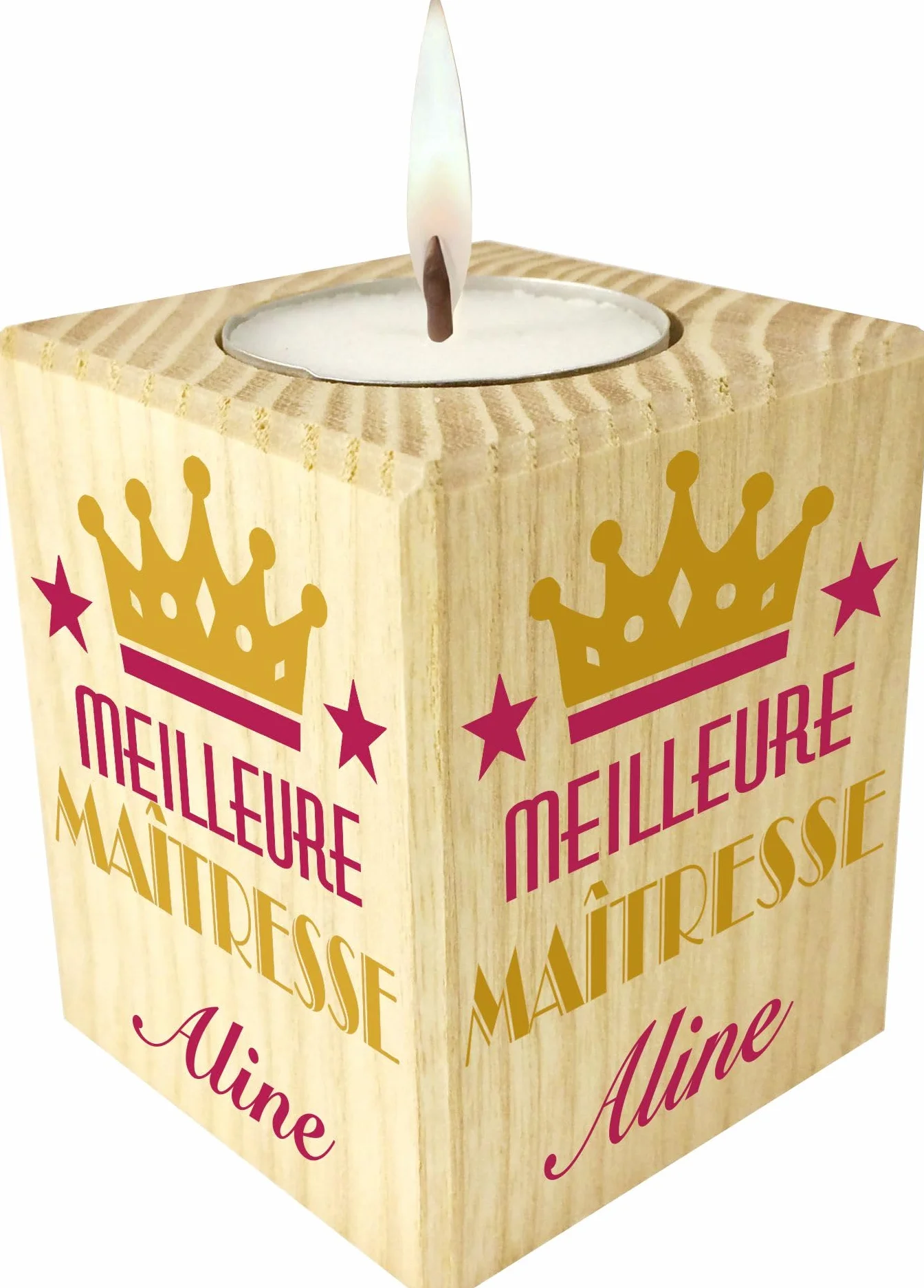 Bougie personnalisée Cadeau Maîtresse d'école en Bois avec Prénom pour Institutrice