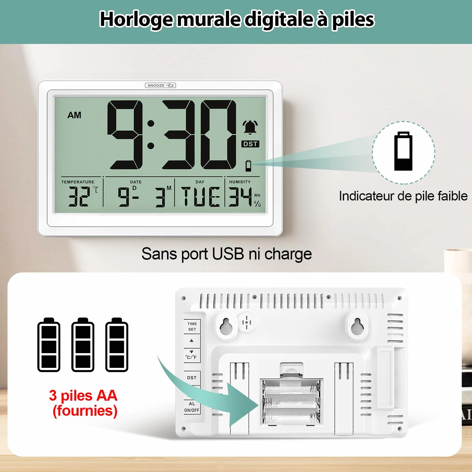 XREXS Horloge Murale Numérique 19,4 x 10,4 cm - Écran LCD HD, Réveil, Température & Humidité, 12/24h