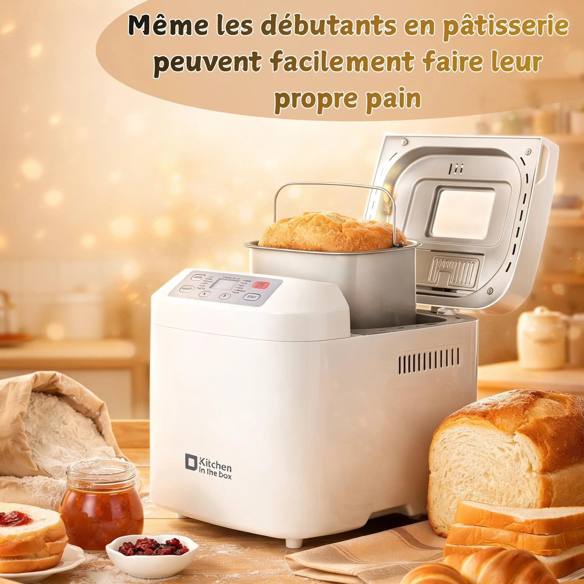 Machine à Pain 12 Programmes Automatiques Cuisson 360° Sans Gluten Pâte à Pizza Gâteau Confiture