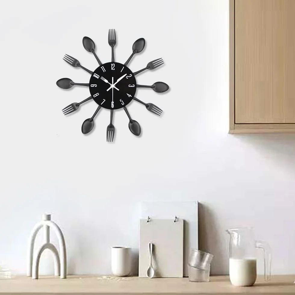 Horloge de cuisine effet miroir 32x32x4cm Noir avec autocollant 3D