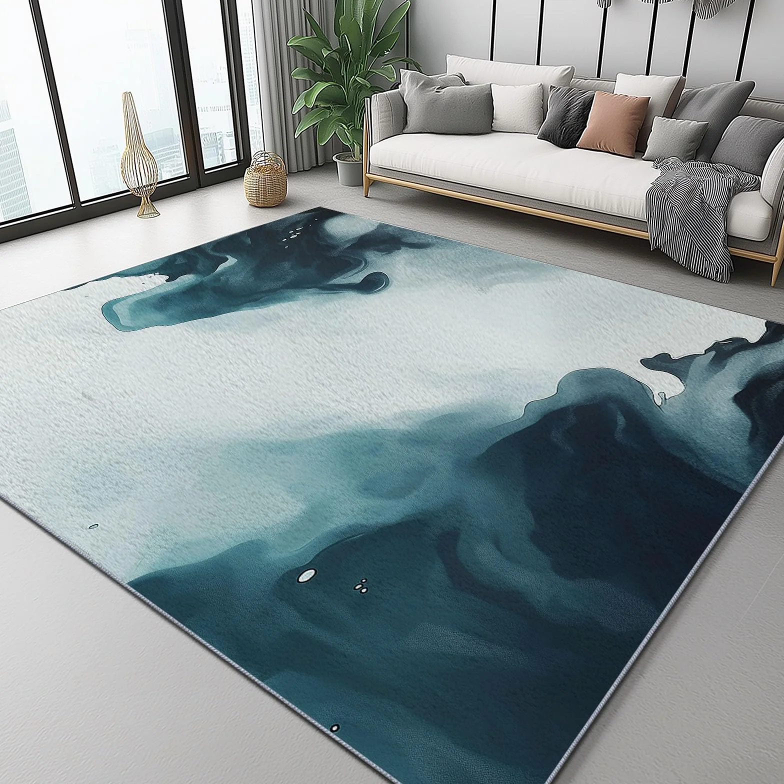 Grand Tapis Motif Aquarelle Abstraite Antidérapant Shaggy 80 x 150 cm Gris Bleu