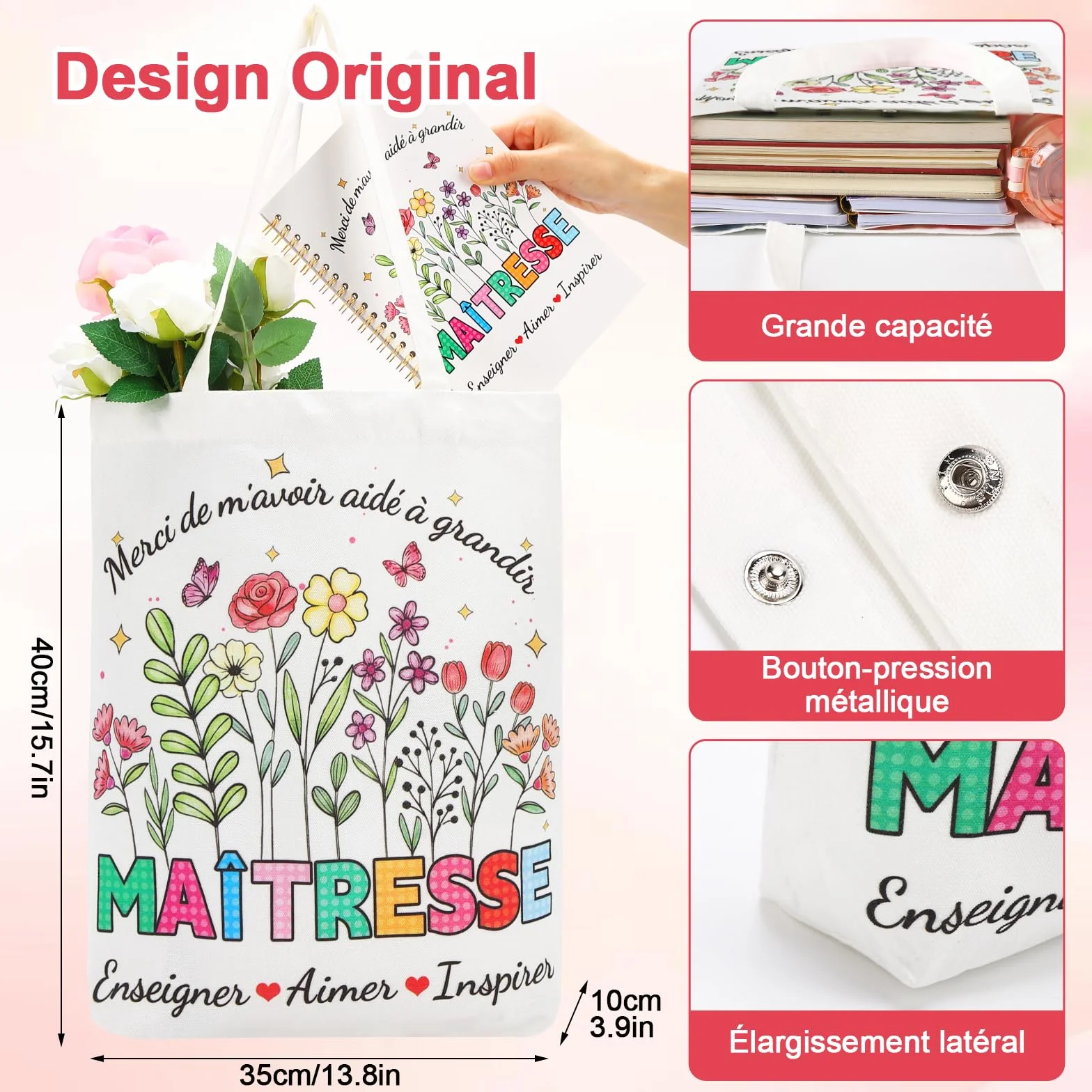 Echehi Cadeau Maitresse d'École Fin d'Année, Avec Tote Bag, Carnet A5, Stylo