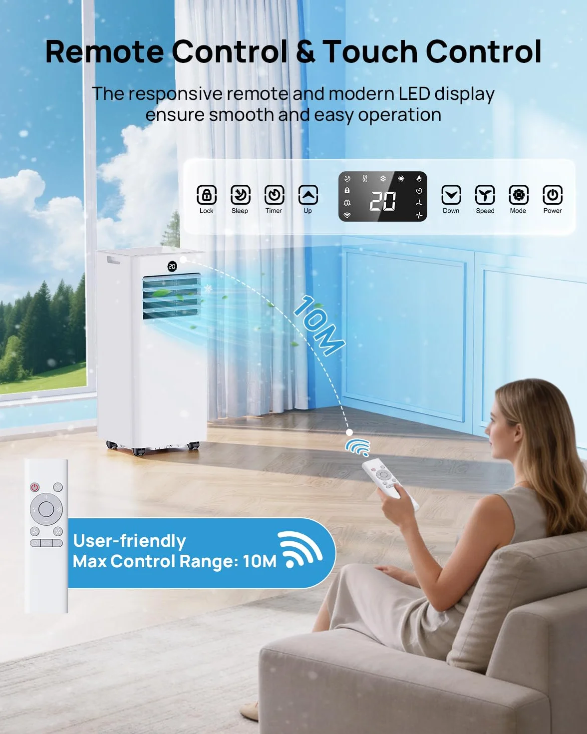 Climatiseur Mobile 9000 BTU Silencieux avec Télécommande 4-en-1 Refroidissement Ventilation Déshumidification