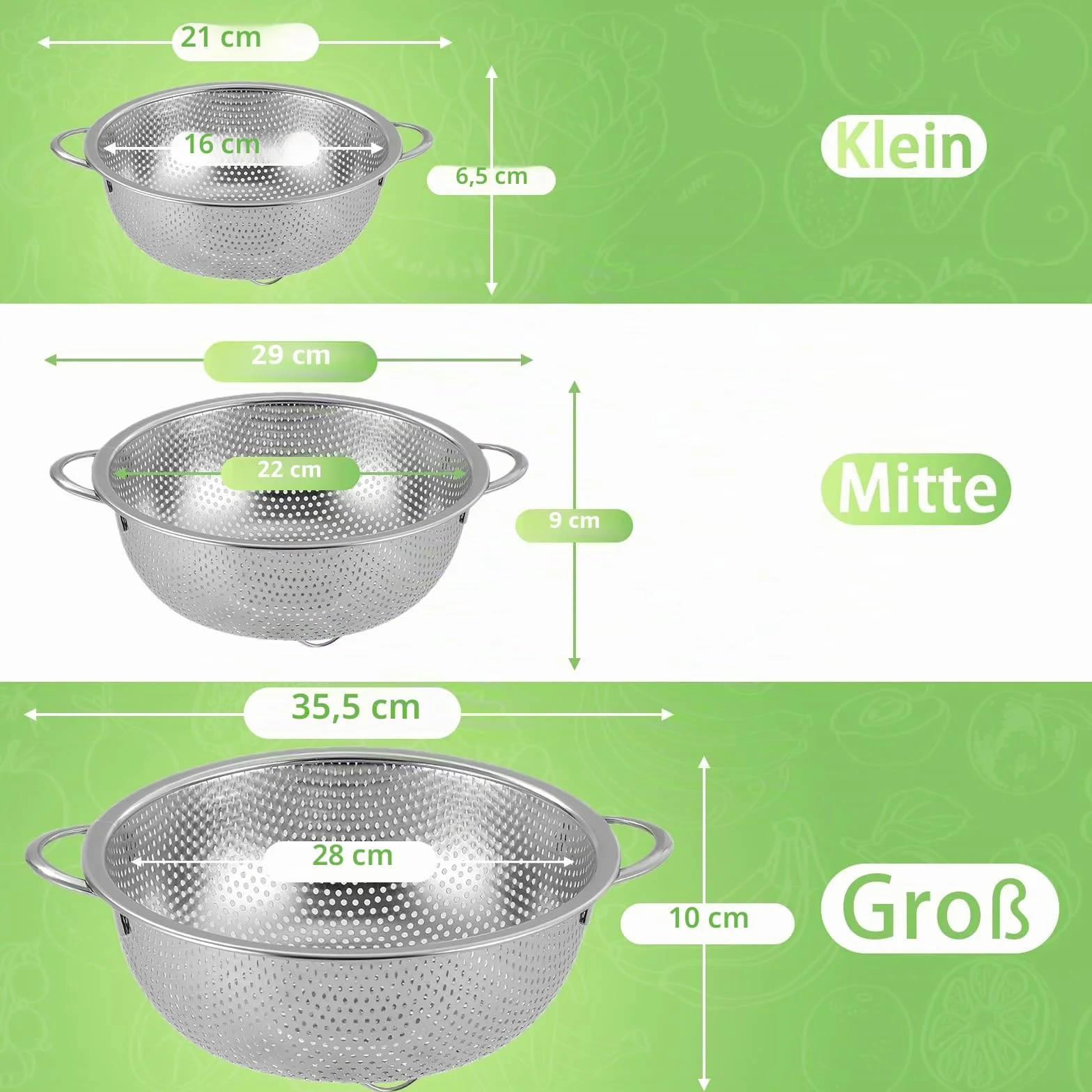 Passoires en Acier Inox Microperforée 16/22/28 cm Set de 3