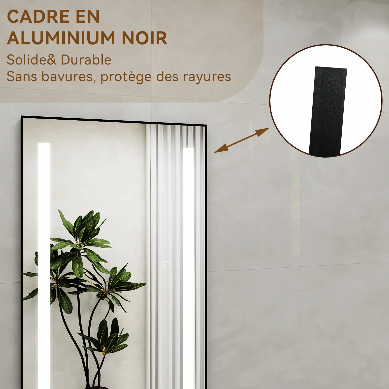 Grand Miroir sur Pied LED 150x50cm, Miroir Plein Pied Mural, 3 Couleurs Dimmable, Cadre Aluminium, Rectangulaire Noir