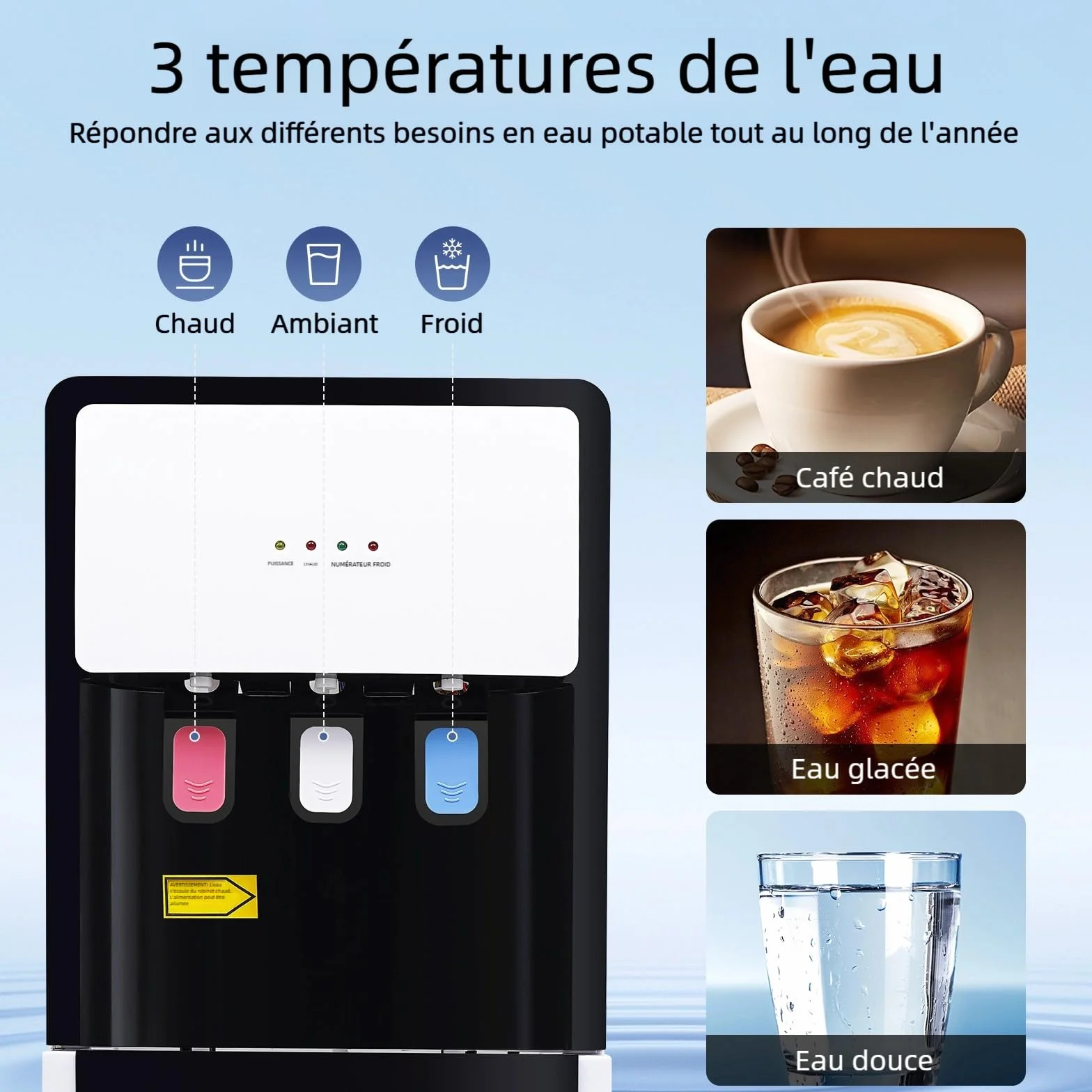 Distributeur d'eau Froide/Chaude sur Pied, Fontaine à Eau Compatible Bonbonnes, Chauffage/Refroidissement Rapide