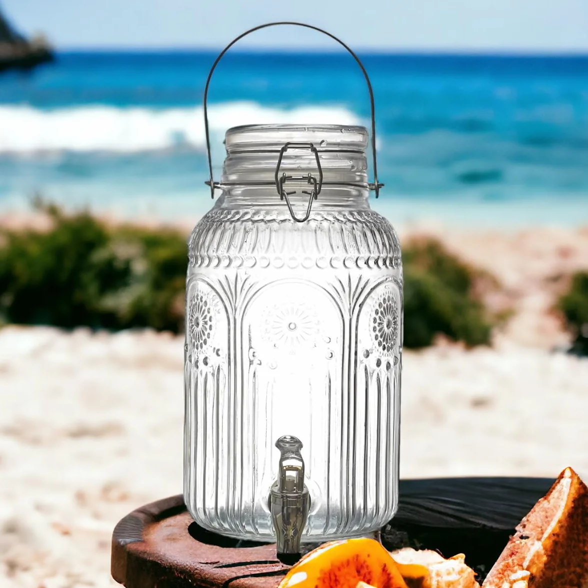 Distributeur Boisson avec Robinet 4 L - Fontaine à Eau et Cocktail en Verre - Jarre pour Fêtes et Anniversaires