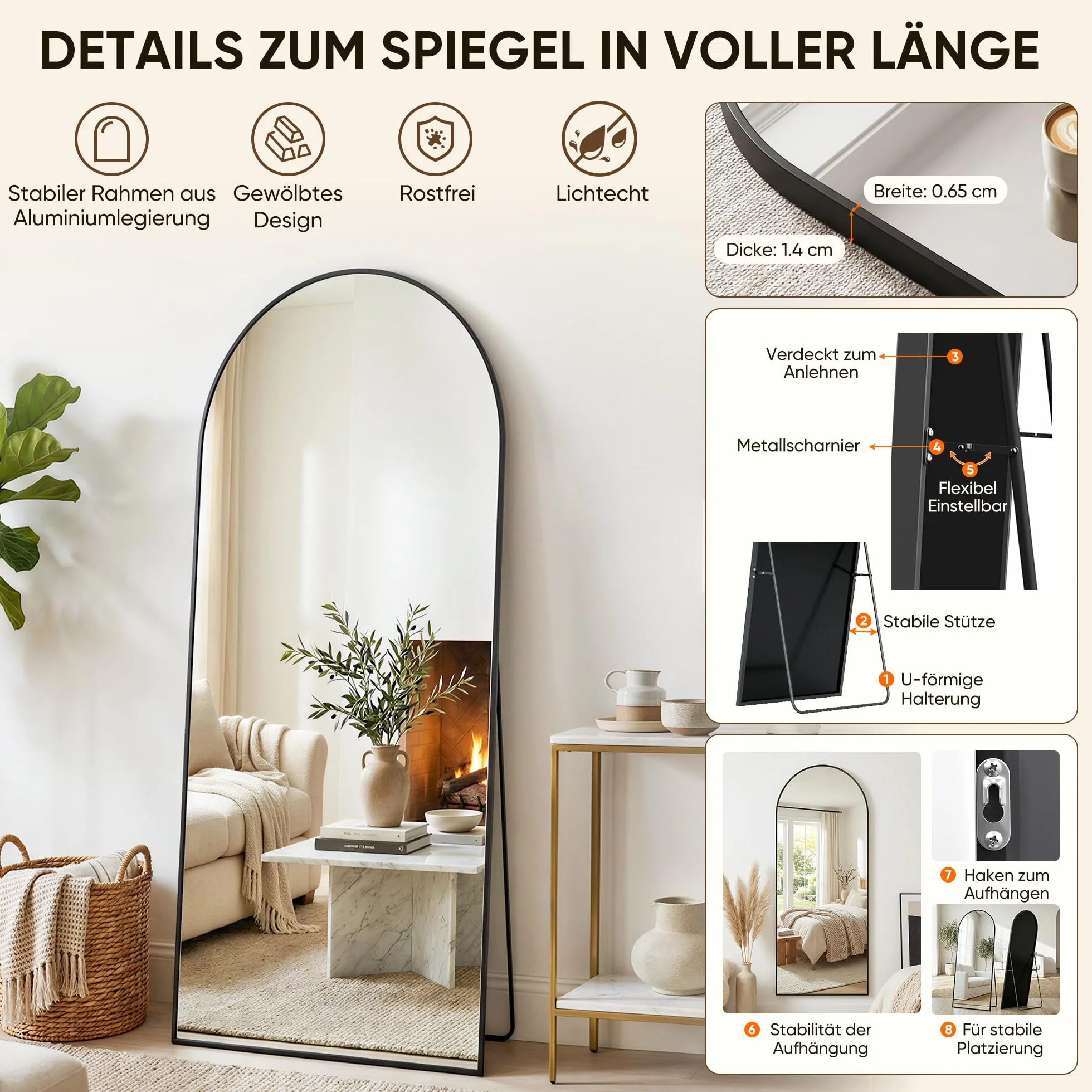 Miroir complet 180 x 82 cm, miroir sur pied bombé, cadre en alliage d'aluminium, noir