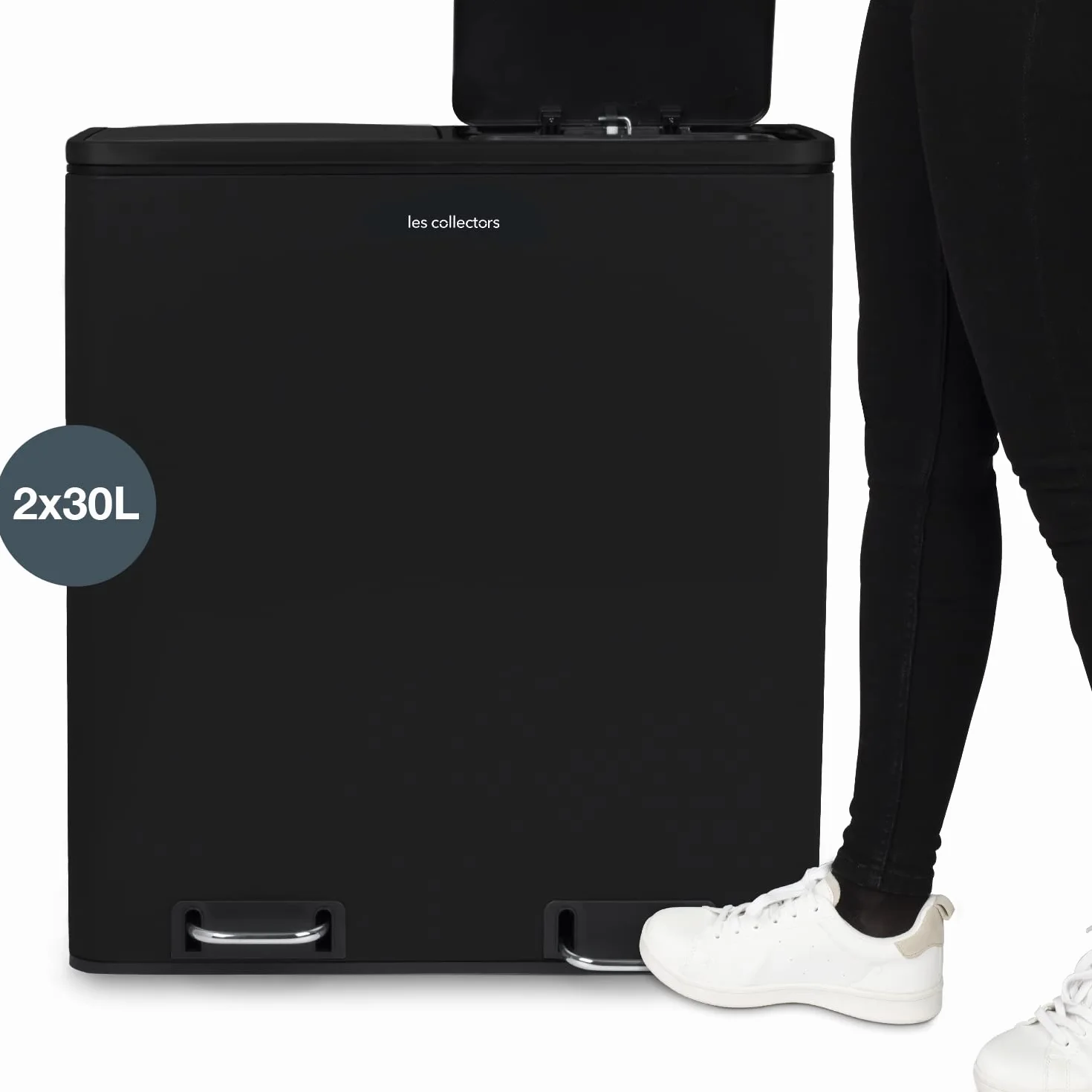 Les Collectors Poubelle de tri à pédale 60 L 2 compartiments 30 L Noire