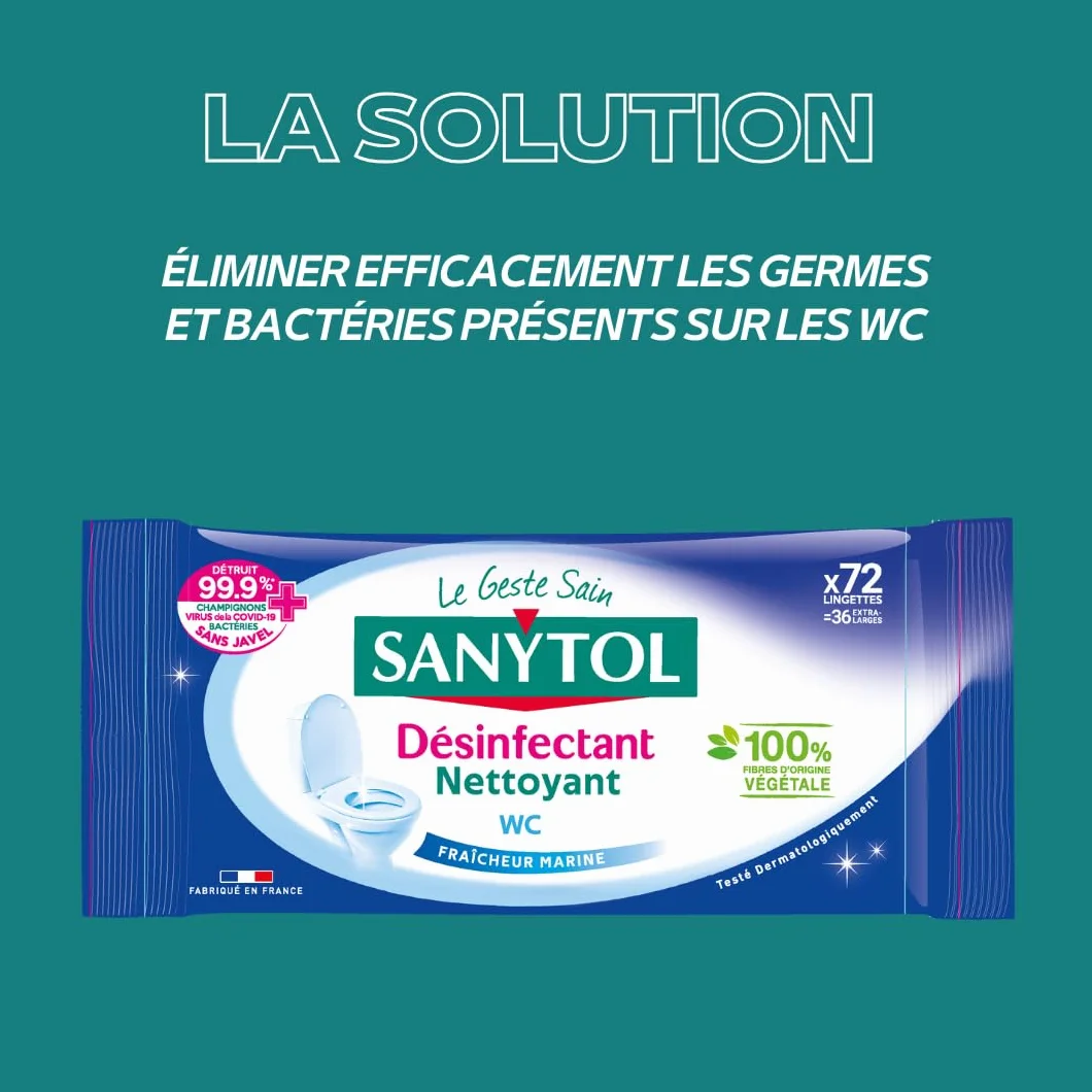 Sanytol Lingettes Désinfectantes WC Lot de 3 x 72 Bactéricide Virucide Fongicide Sans Javel Fabrication Française