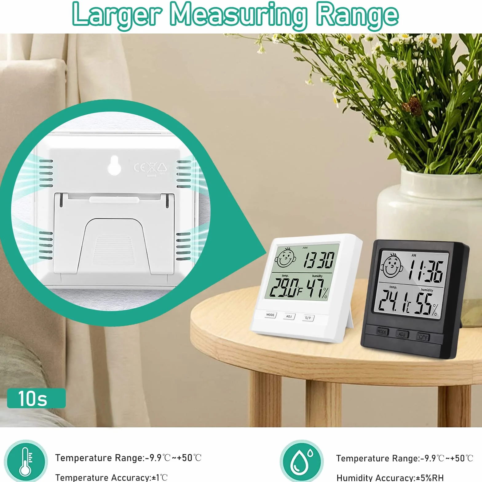 Hygromètre Numérique avec Horloge Lot de 2 - Thermomètre Intérieur Blanc et Noir