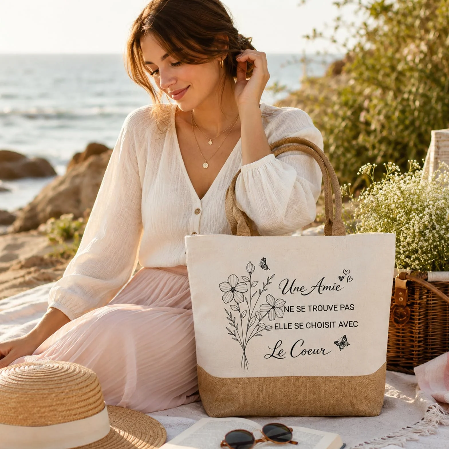 Cadeau Meilleure Amie Tote Bag Sac en Toile Jute Cabas avec Porte-Clés et Bracelet