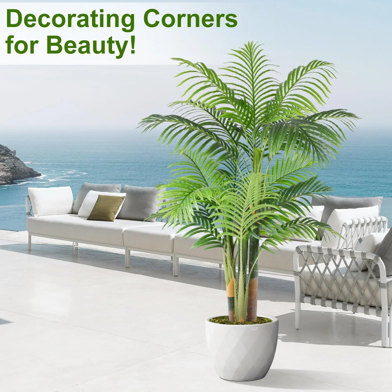 Palmier Artificiel Triple Doré 150cm Haute, Arbre Artificiel Exterieur Décoration Maison Jardin