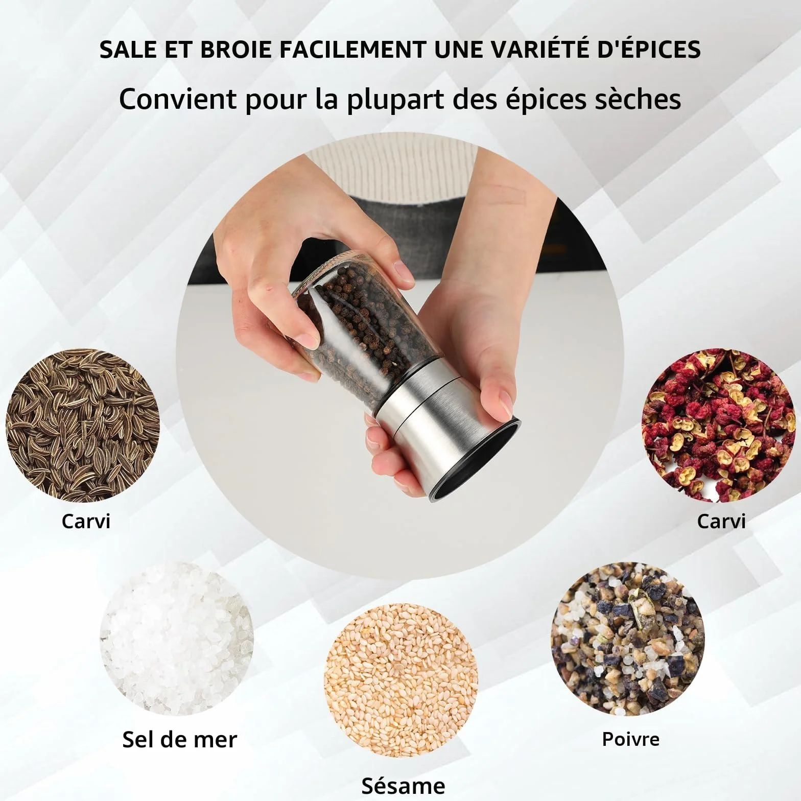 Moulin à Poivre en Acier Inoxydable et Verre 180ml Lot de 2 Mécanisme en Céramique Réglable