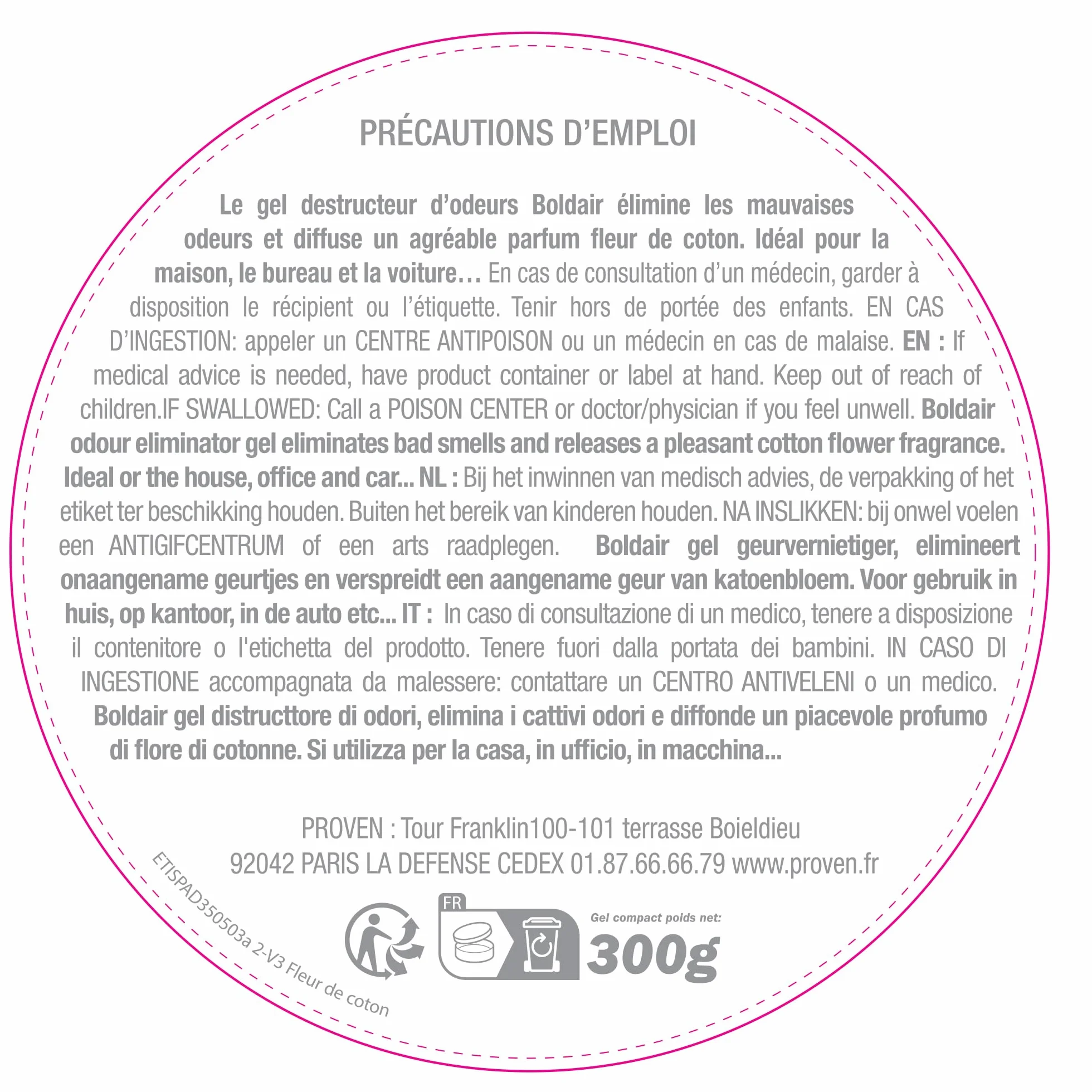 BOLDAIR Destructeur d'Odeurs en Gel Fleur de Coton 300 g