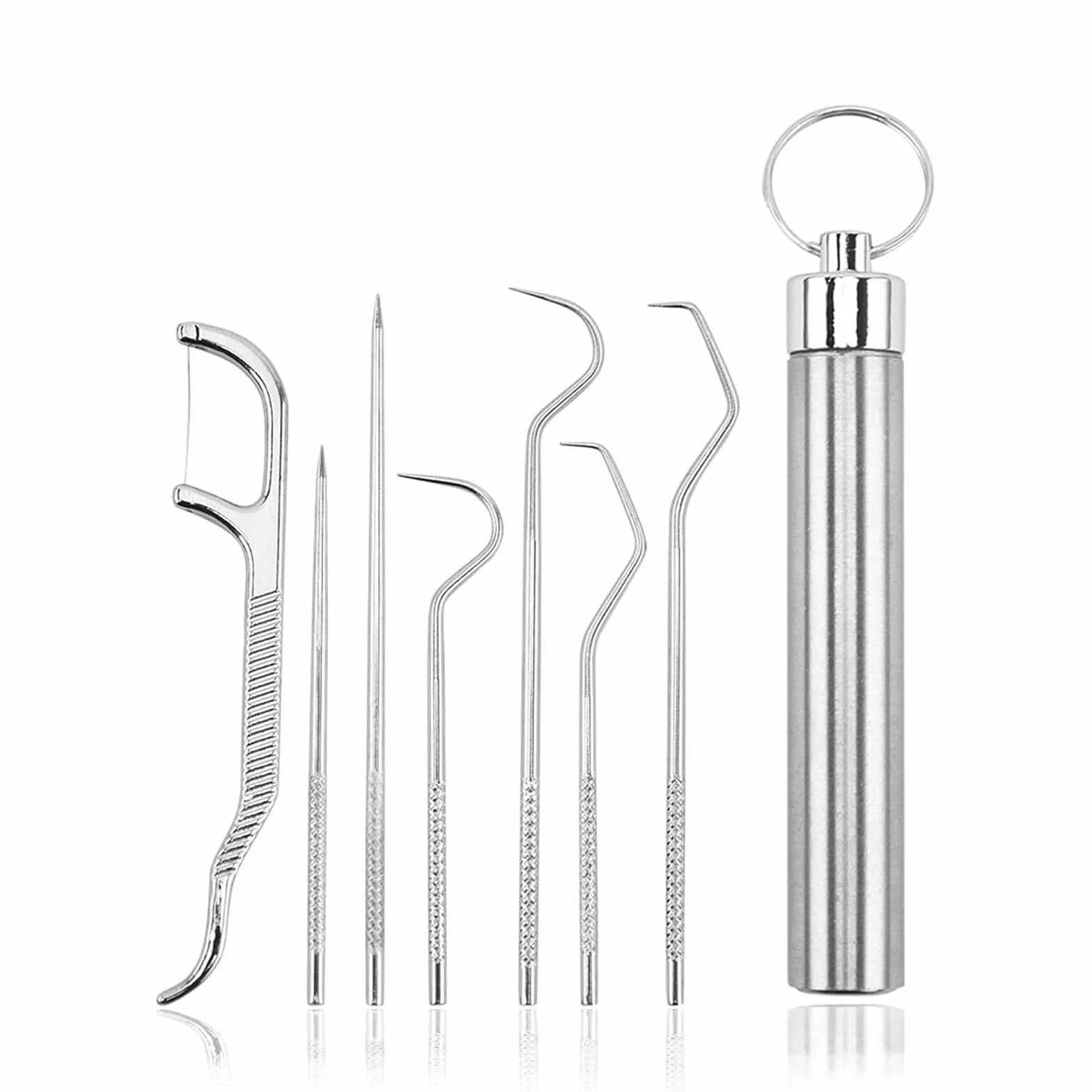 Lot de 7 cure-dents en acier inoxydable 304 qualité alimentaire - Porte-cure-dents réutilisable métal tube argenté - Pour pique-nique, camping