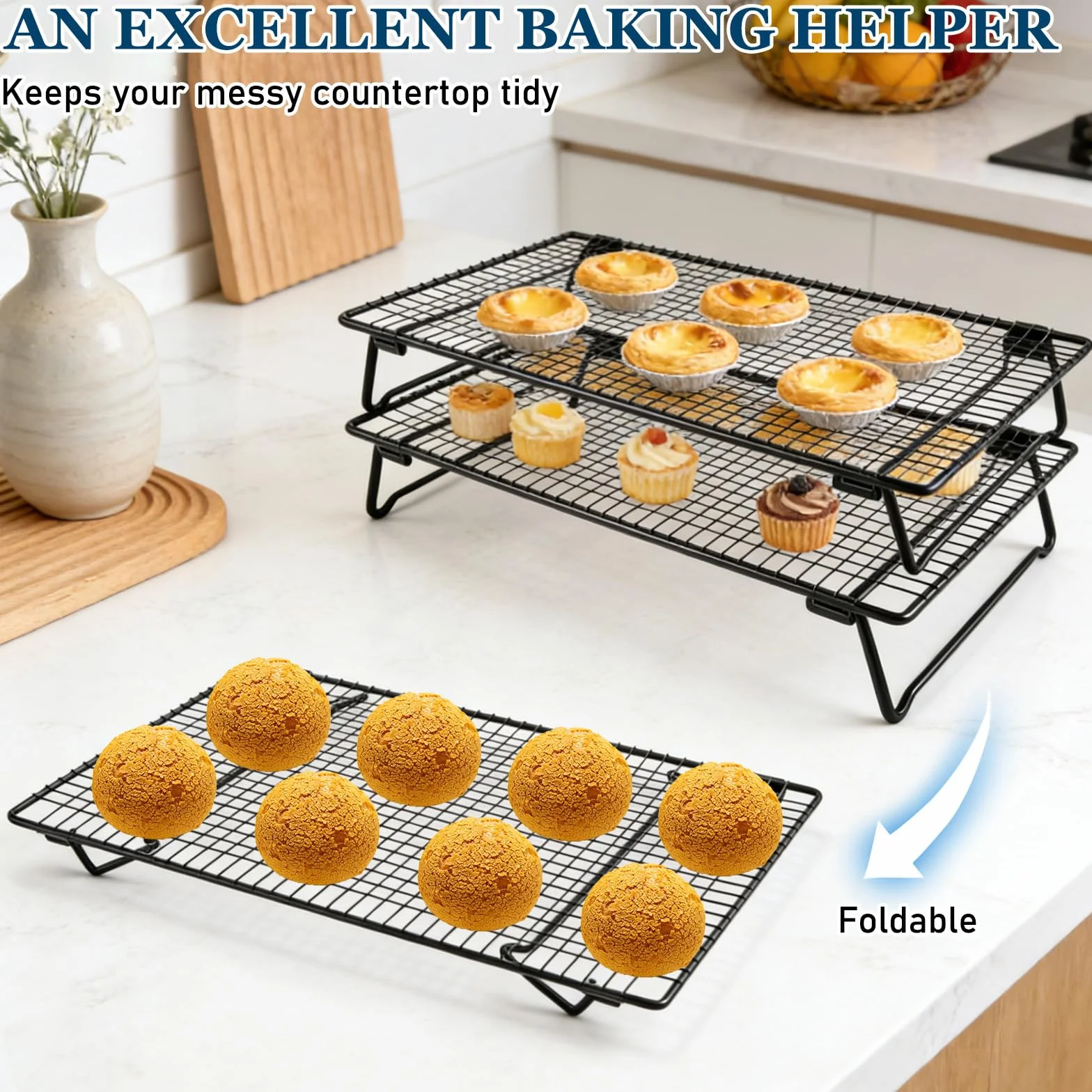Grille de Refroidissement Patisserie 3 Niveaux Acier Carbone Antiadhésive 43x28x8cm Pliable Empilable